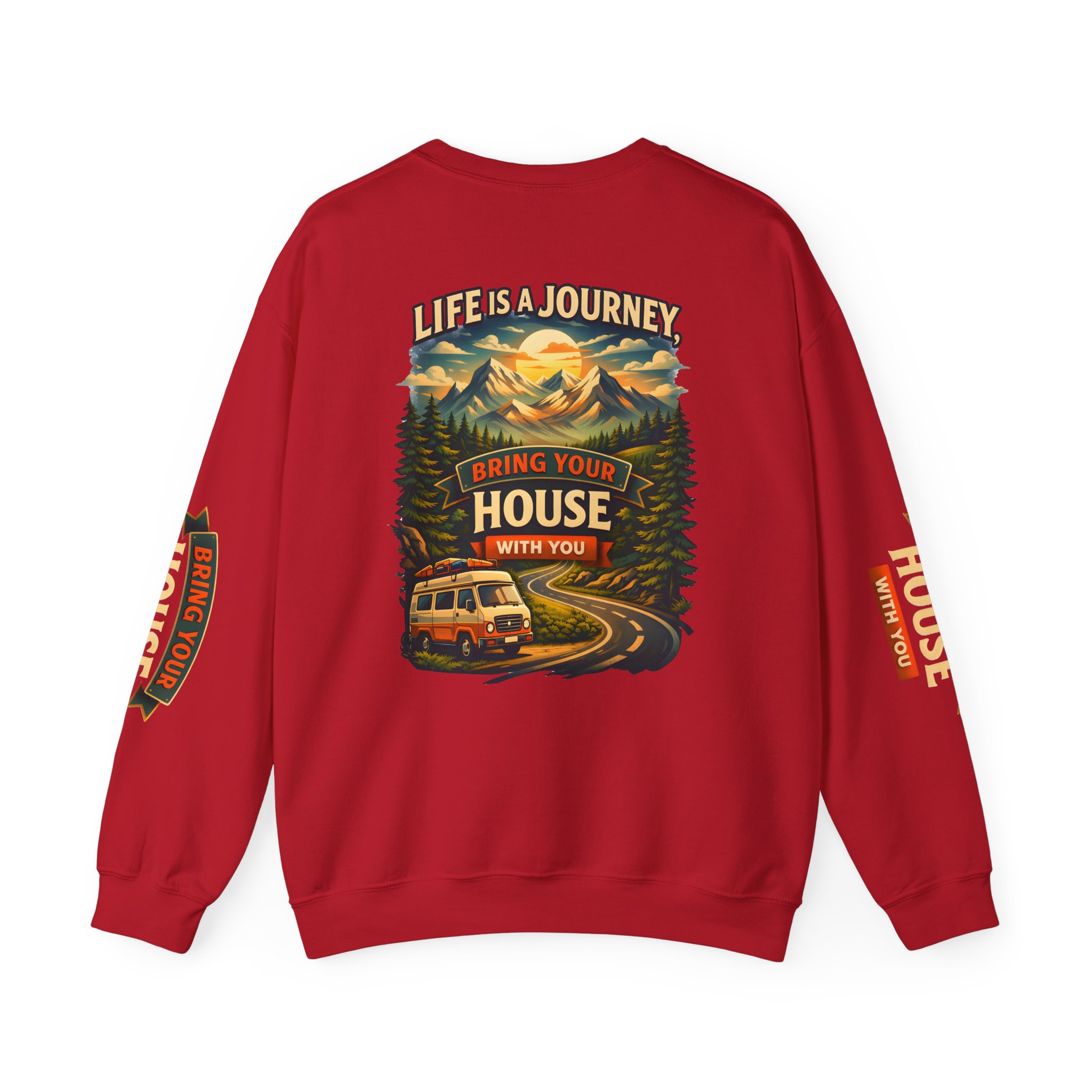 Unisex Heavy Blend™ Crewneck Sweatshirt — "Live Is A Journey-Bring Your House With You" Design Scenic-Line