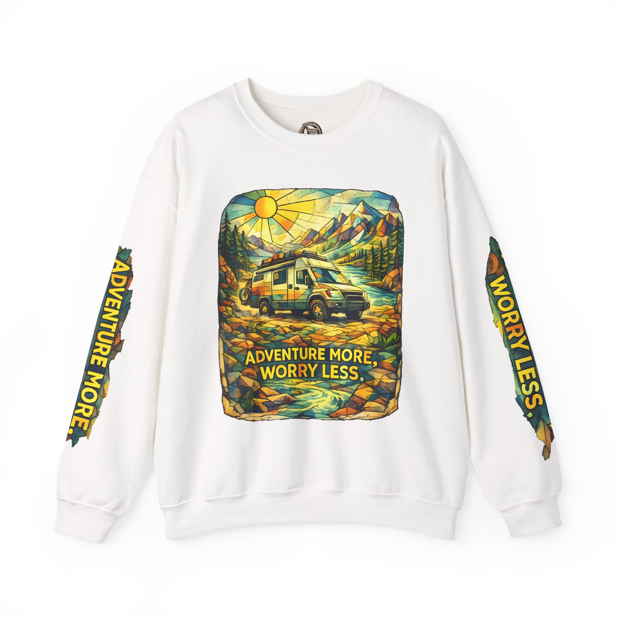 Unisex Heavy Blend™ Crewneck Sweatshirt — "Adventure More Worry Less" Design Cubic-Line