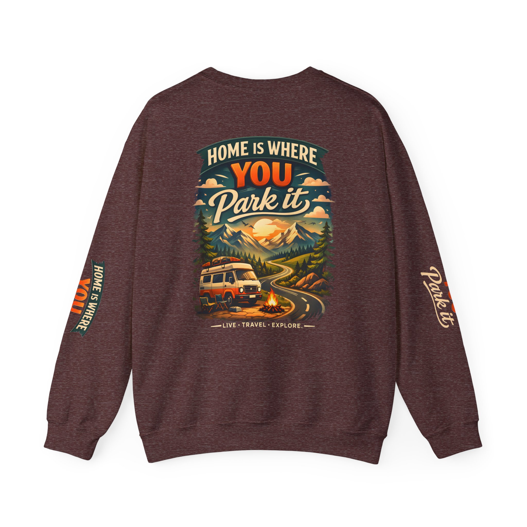 Unisex Heavy Blend™ Crewneck Sweatshirt — "Home Is Where You Park It" Design Scenic-Line