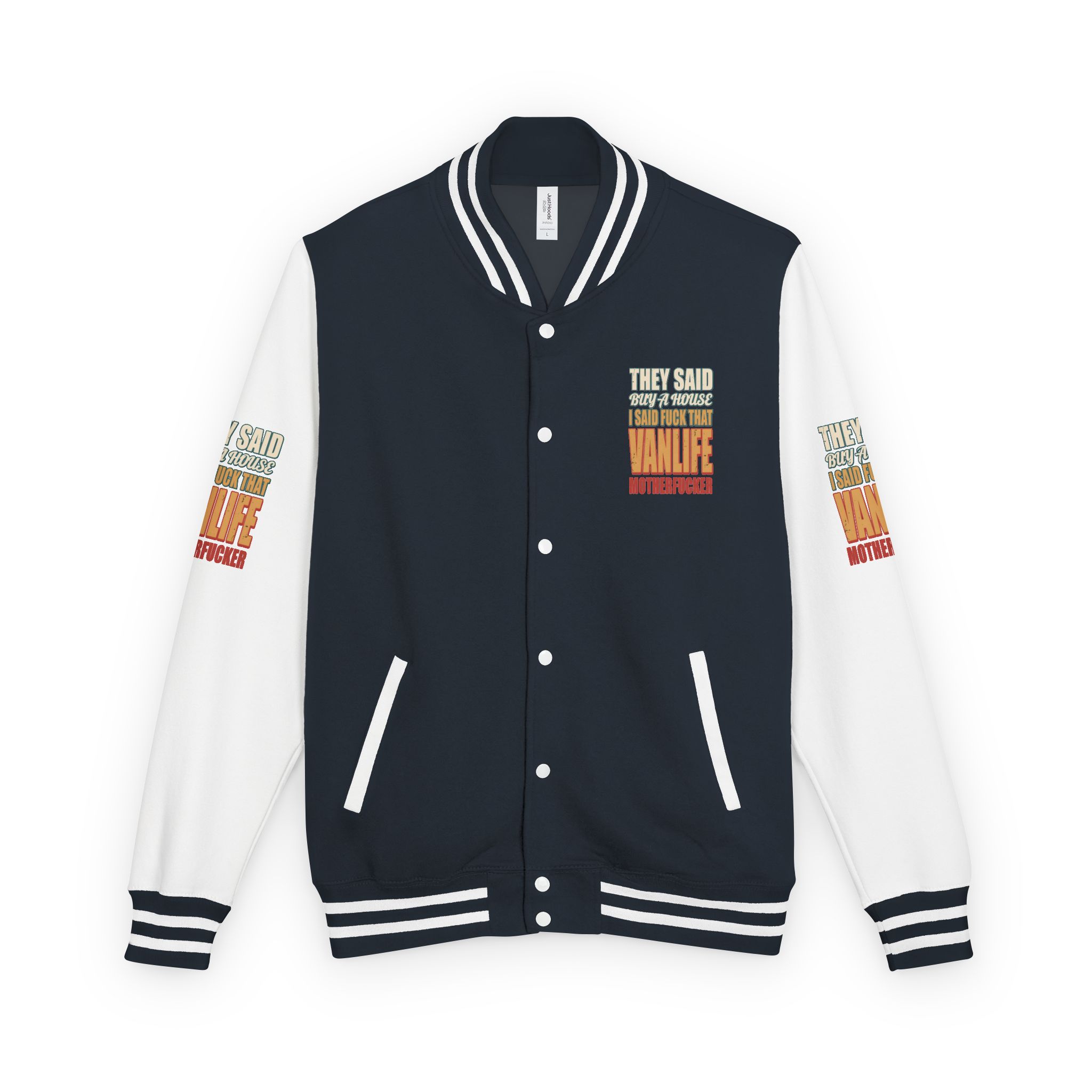 Unisex Heavyweight Letterman Jacket — "They Said Buy A House" Design F**K-Line