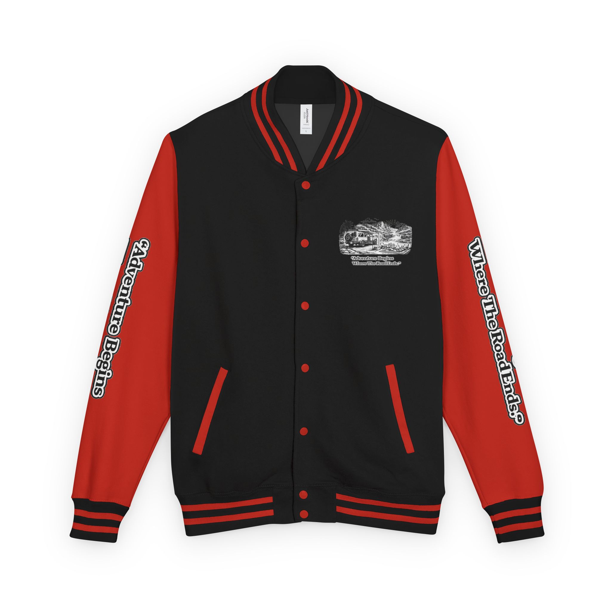 10451821201541145770_2048-1.jpeg Unisex Heavyweight Letterman Jacket — "Adventure Begins Where The Road Ends" Travel Varsity Coat