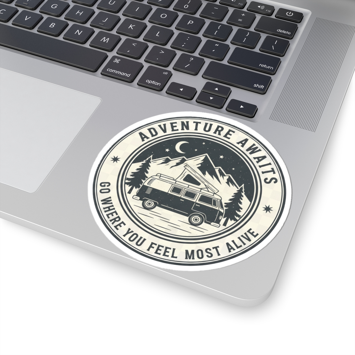 10468246946522828084_1200.jpeg Round Sticker — "Adventure Awaits-Go Where You Feel Most Alive" Camper Van Decal