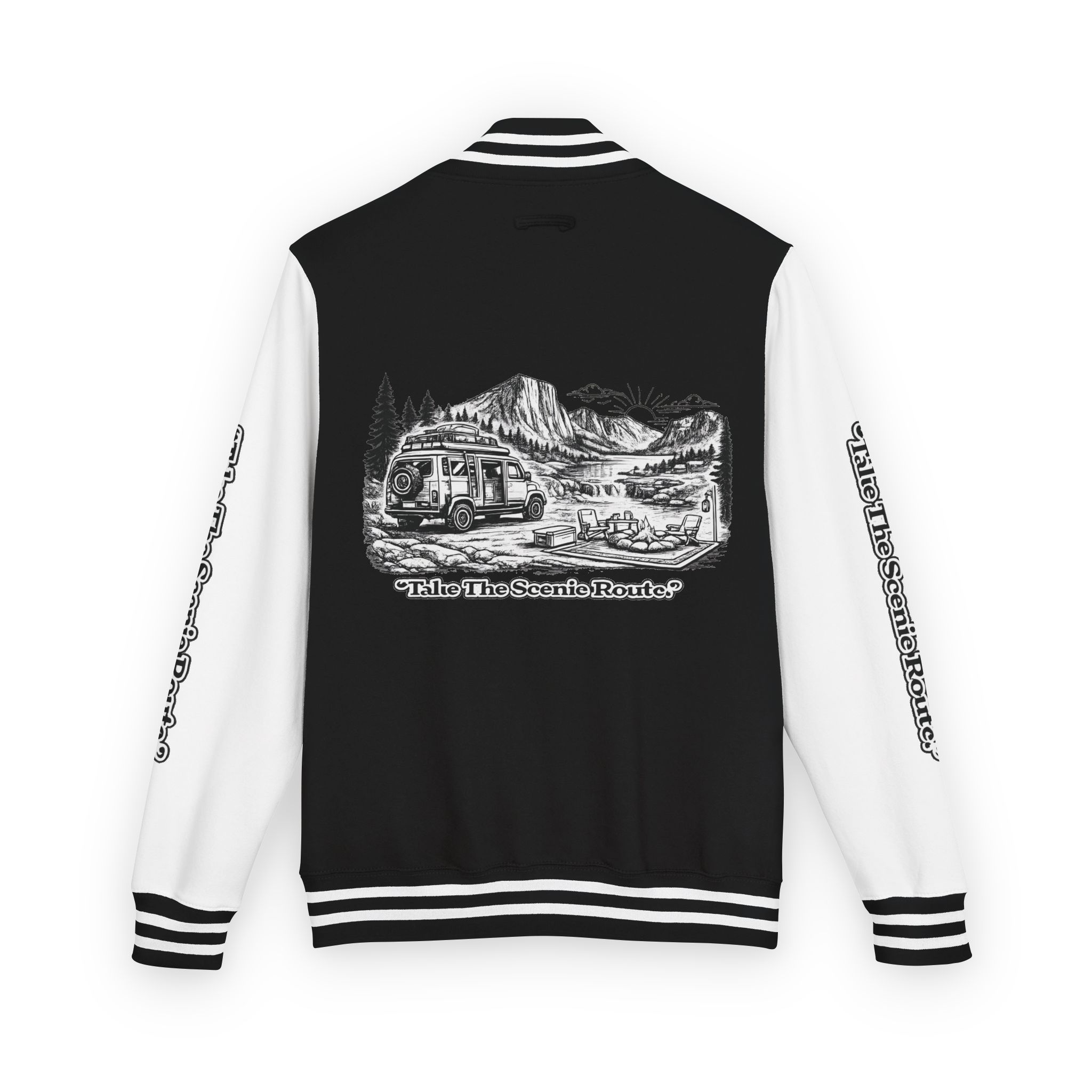 Unisex Heavyweight Letterman Jacket — "Take The Scenic Route" Travel Varsity Coat