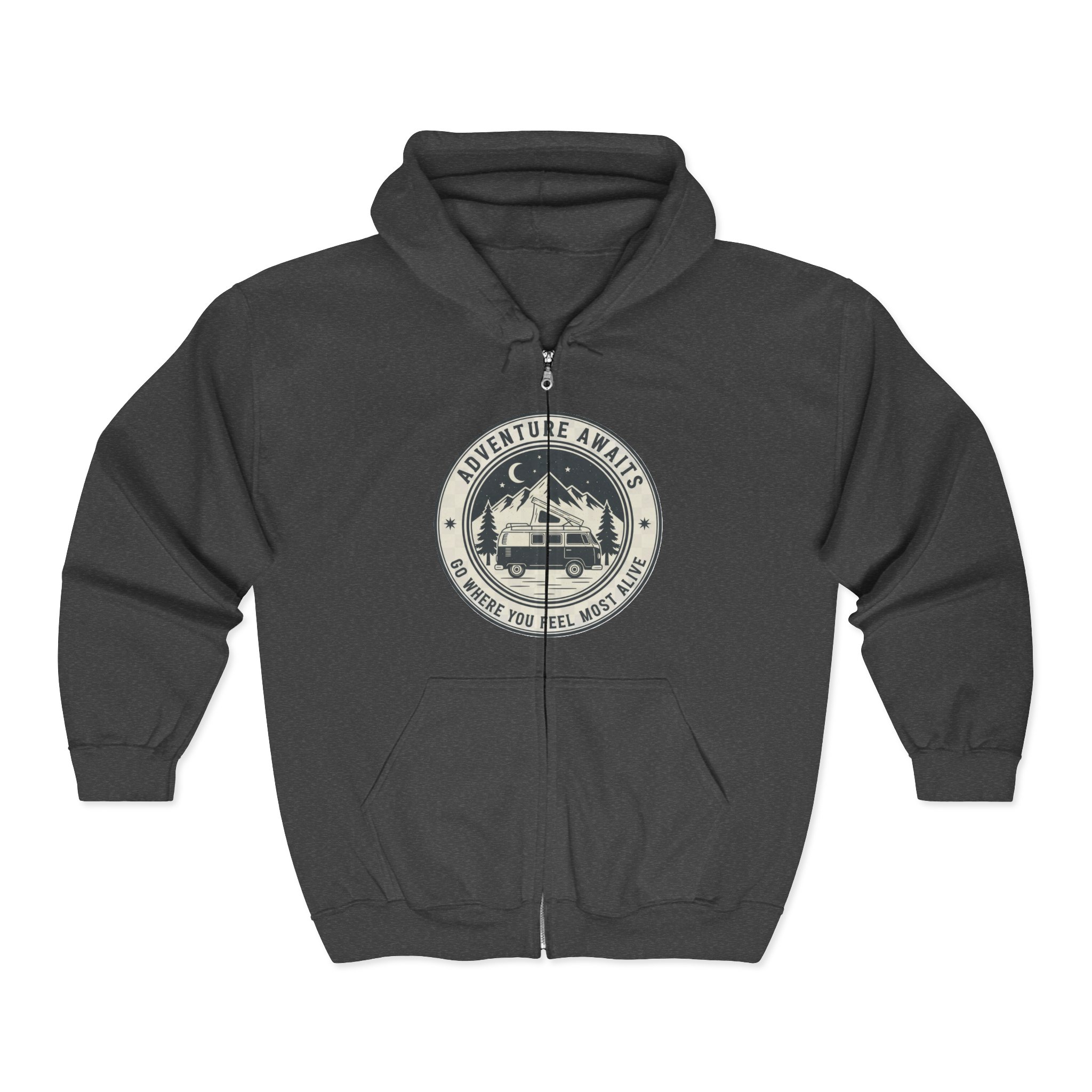 Zip Hoodie — "Adventure Awaits-Go Where You Feel Most Alive" (Front + Back Printed) Camper Van Adventure Zip-Up