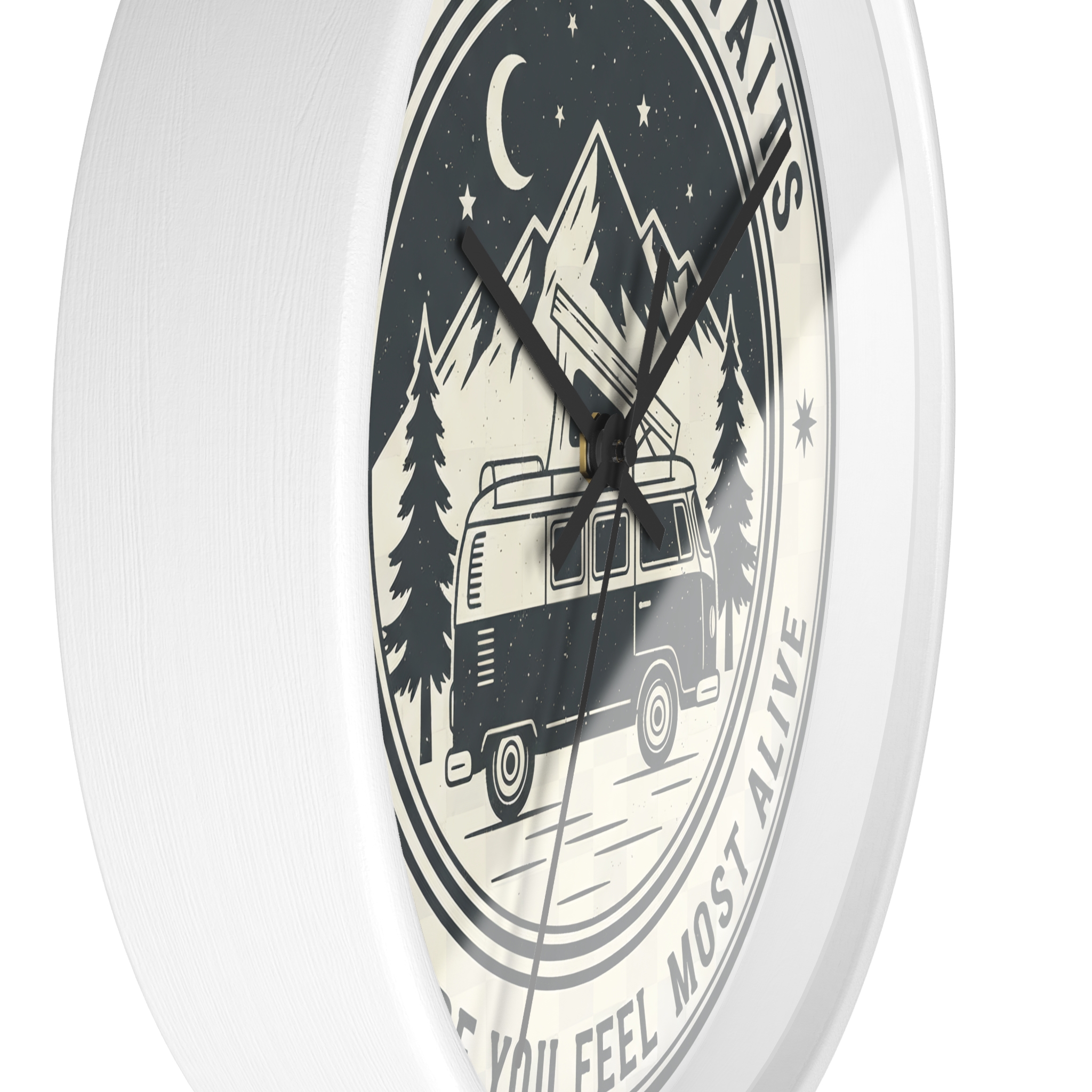 Wall Clock — "Adventure Awaits-Go Where You Feel Most Alive" Camper Van Mountain Travel Timepiece