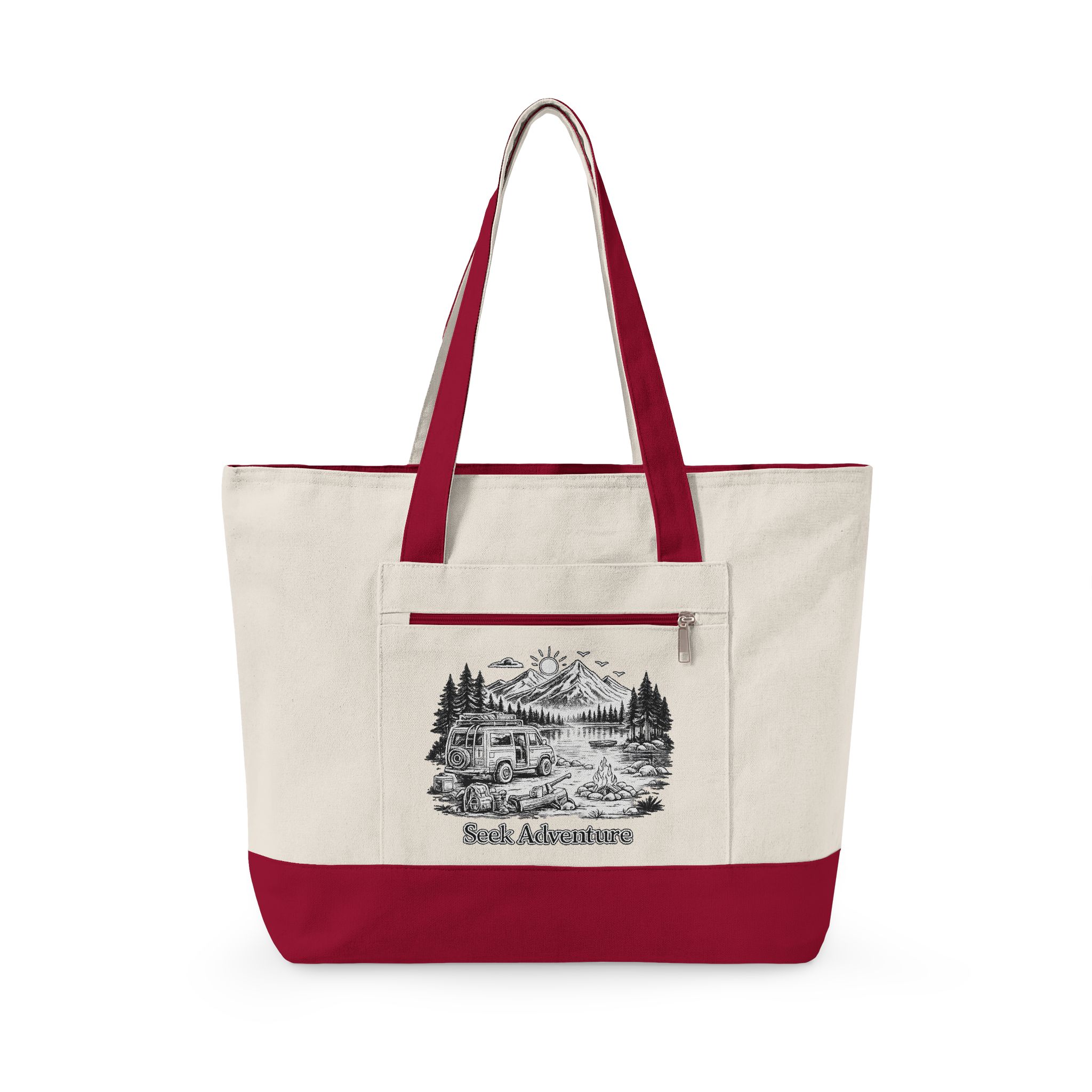 Zippered Canvas Tote — "Seek Adventure" (Design Minimal-Line)