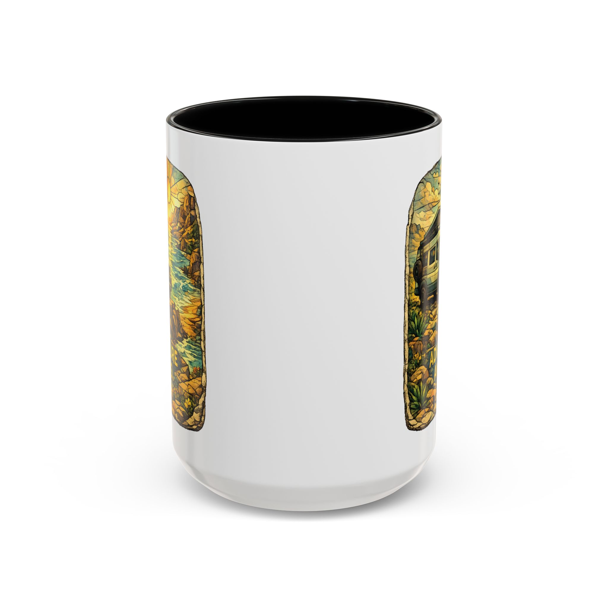 Accent Coffee Mug (11, 15oz) — "Adventure Awaits" Design Cubic-Line