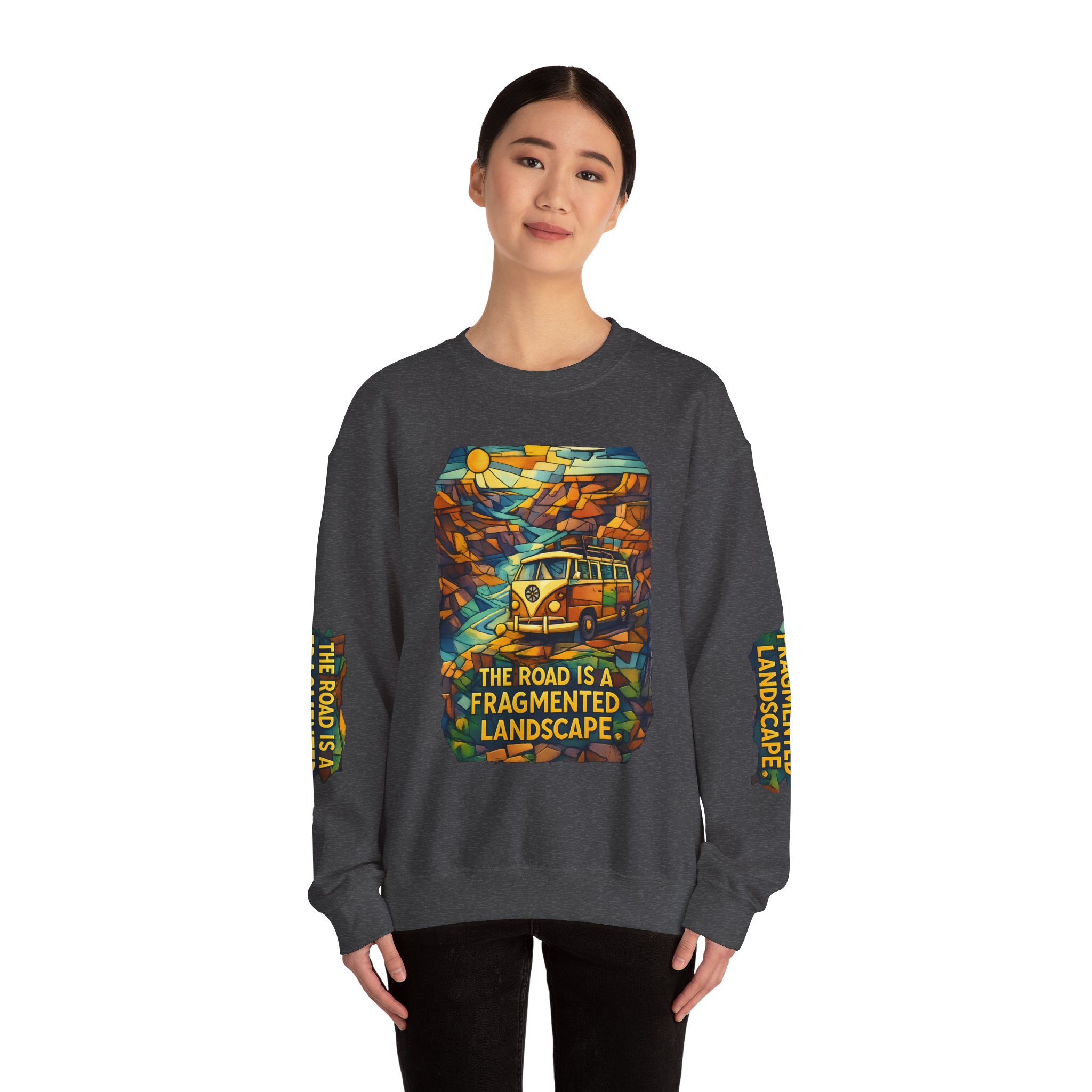Unisex Heavy Blend™ Crewneck Sweatshirt — "The Road Is A Fragmented Landscape" Design Cubic-Line