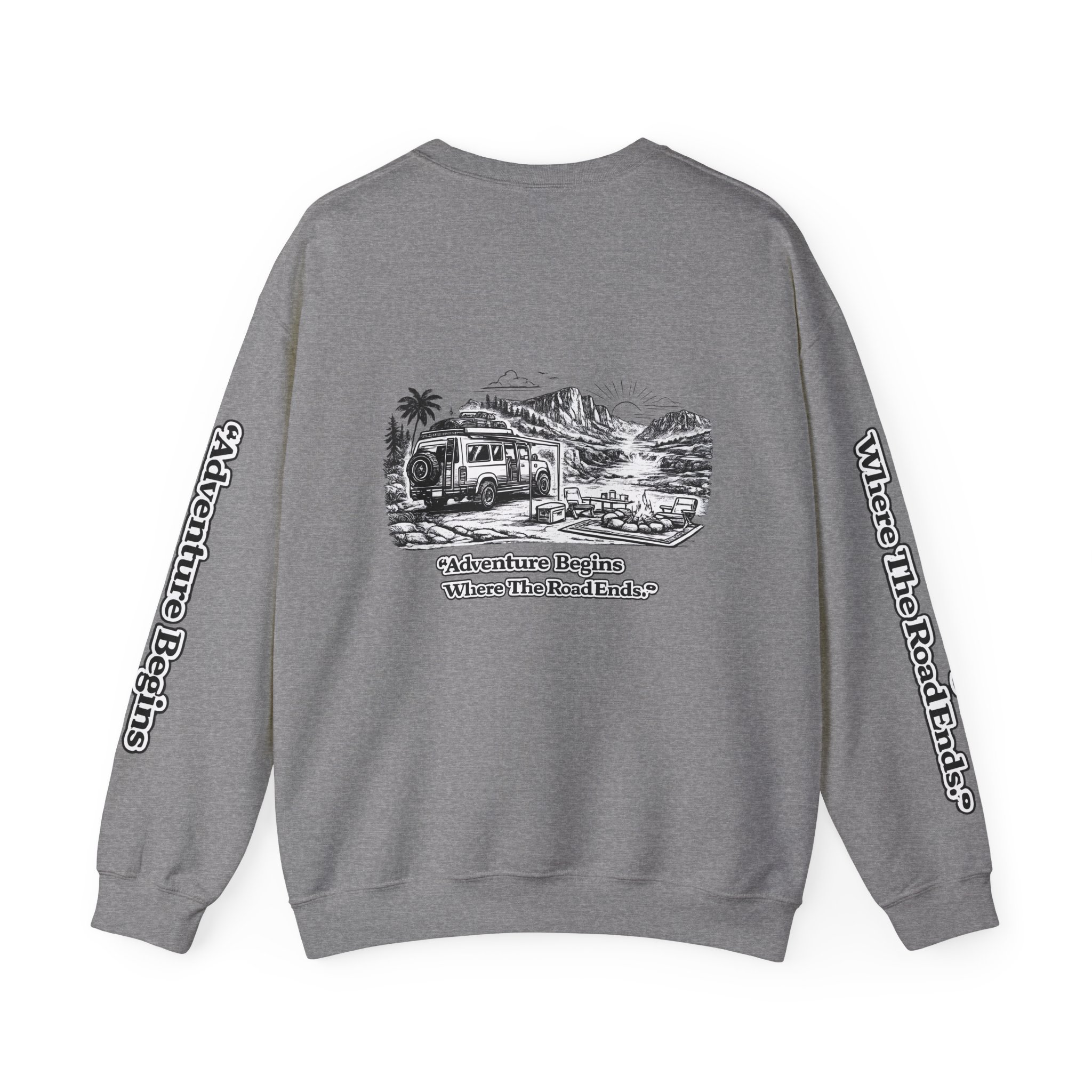 1052553572582519005_2048.jpeg Unisex Heavy Blend™ Crewneck Sweatshirt — "Adventure Begins Where The Road Ends" Design Minimal-Line