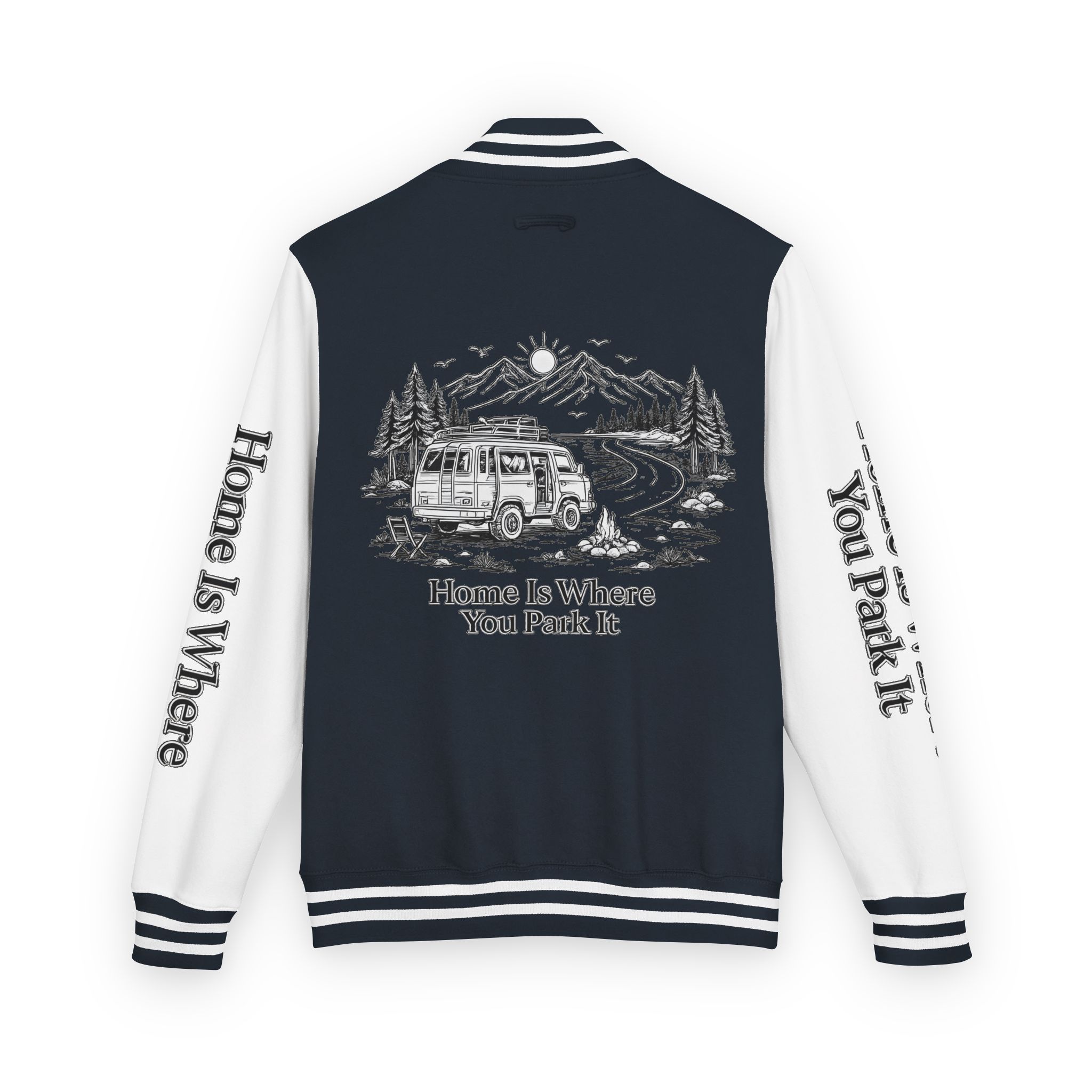 Unisex Heavyweight Letterman Jacket — "Home Is Where You Park It" Travel Varsity Coat