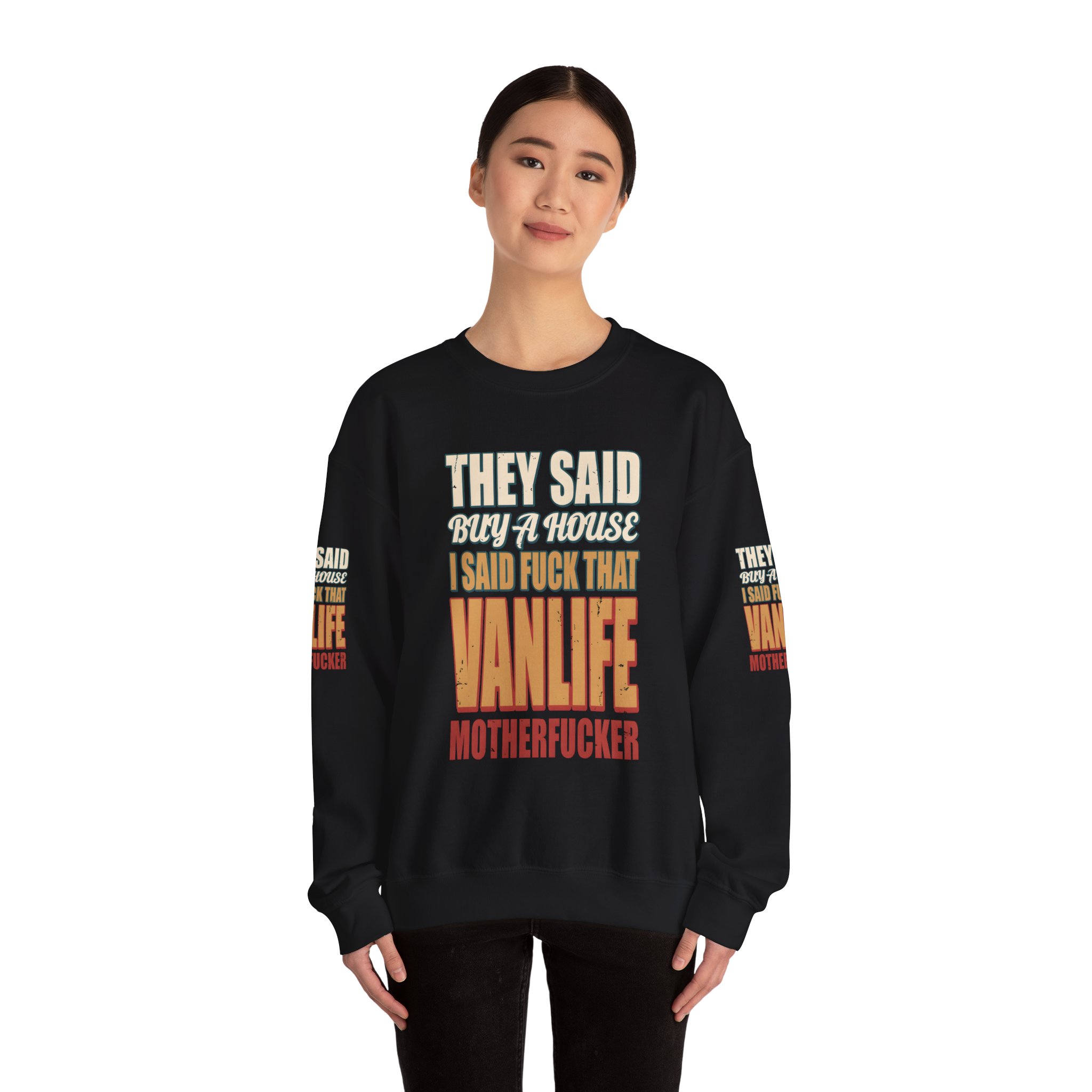 Unisex Heavy Blend™ Crewneck Sweatshirt — "They Said Buy A House" Design F**K-Line