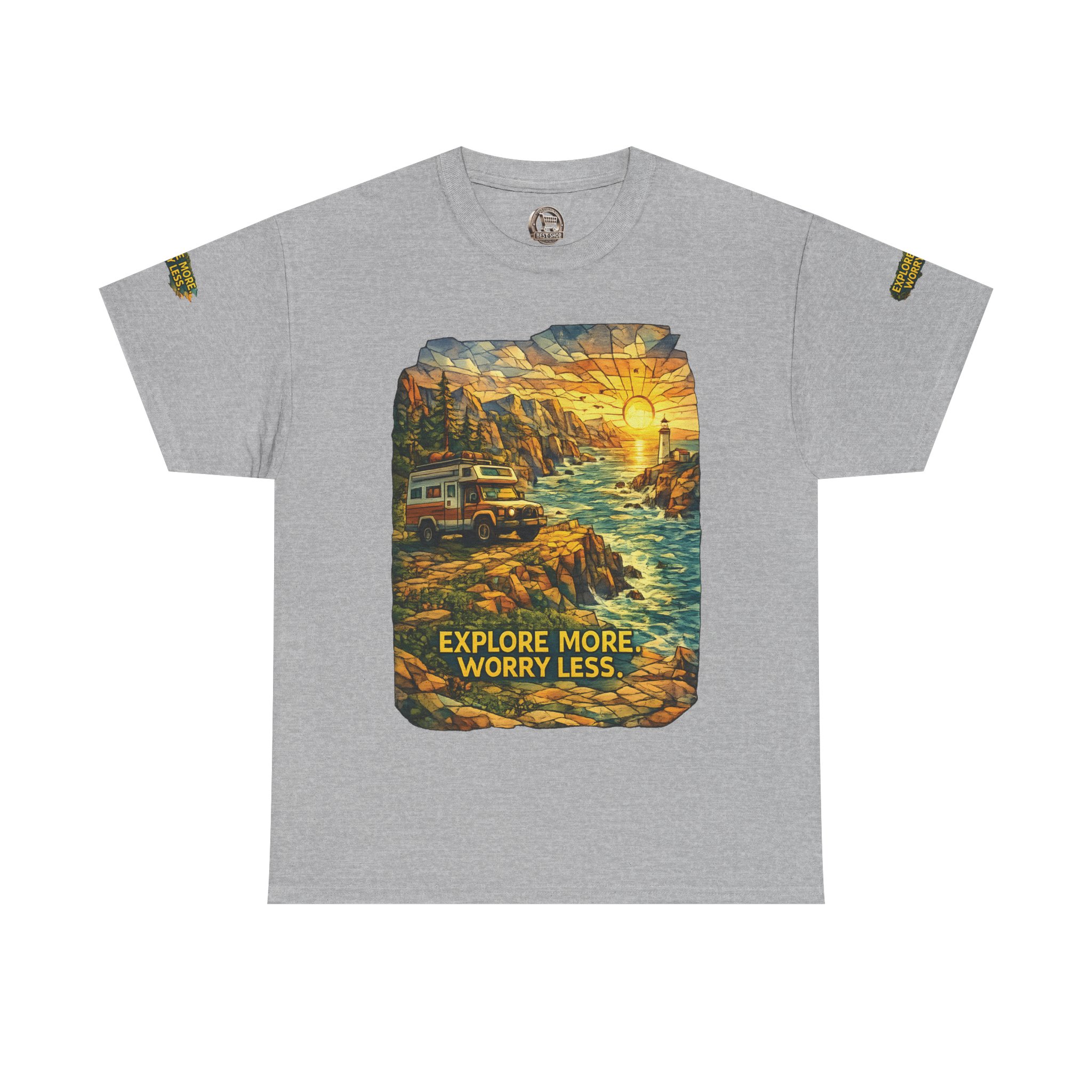 Unisex Heavy Cotton Tee — "Explore More Worry Less" Design Cubic-Line