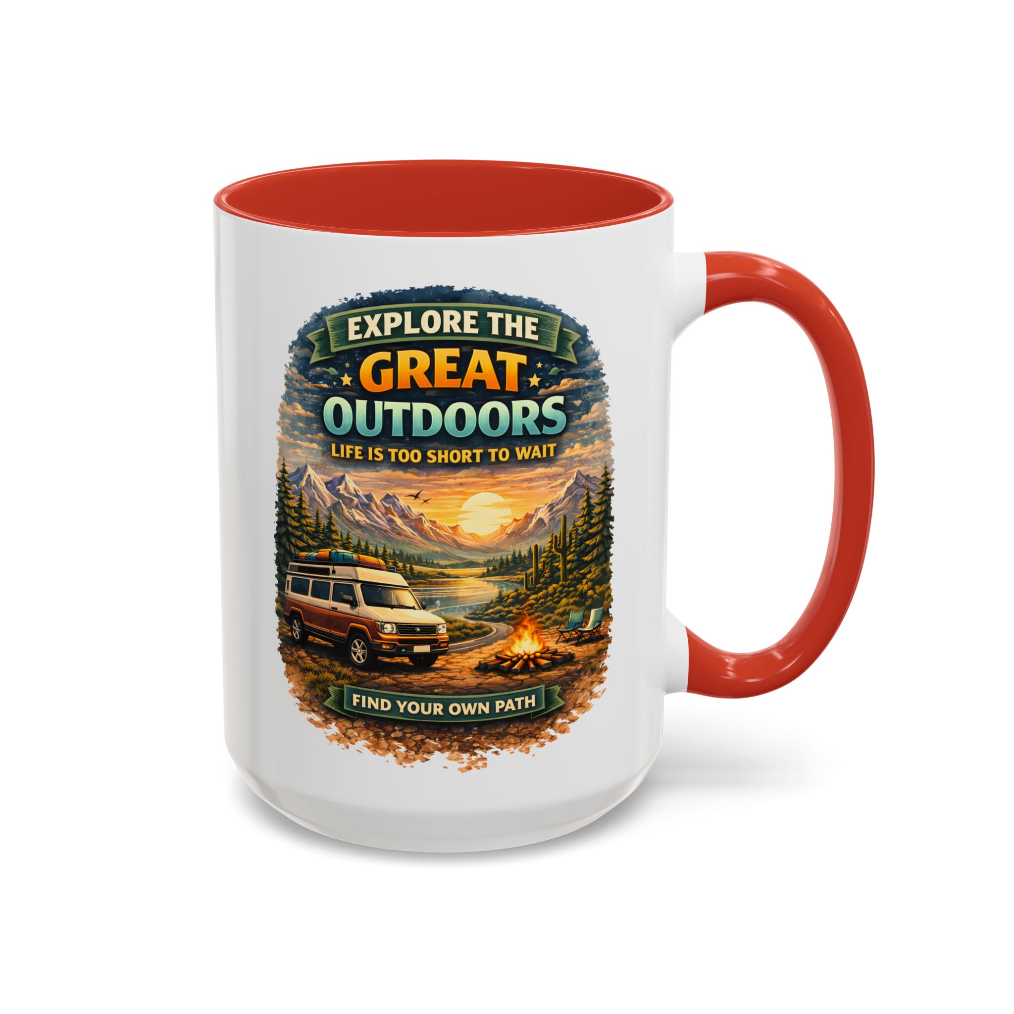 Accent Coffee Mug (11, 15oz) — "Explore The Great Outdoors" Design Scenic-Line