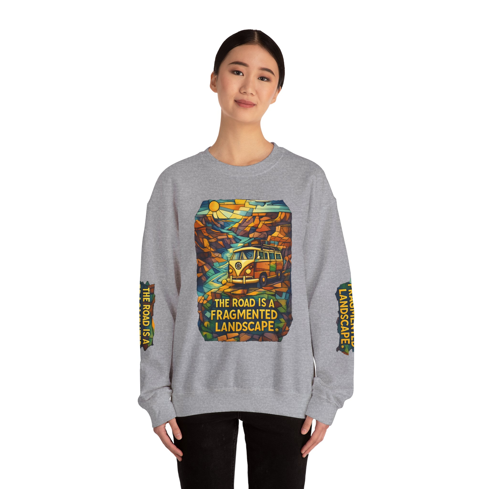 Unisex Heavy Blend™ Crewneck Sweatshirt — "The Road Is A Fragmented Landscape" Design Cubic-Line