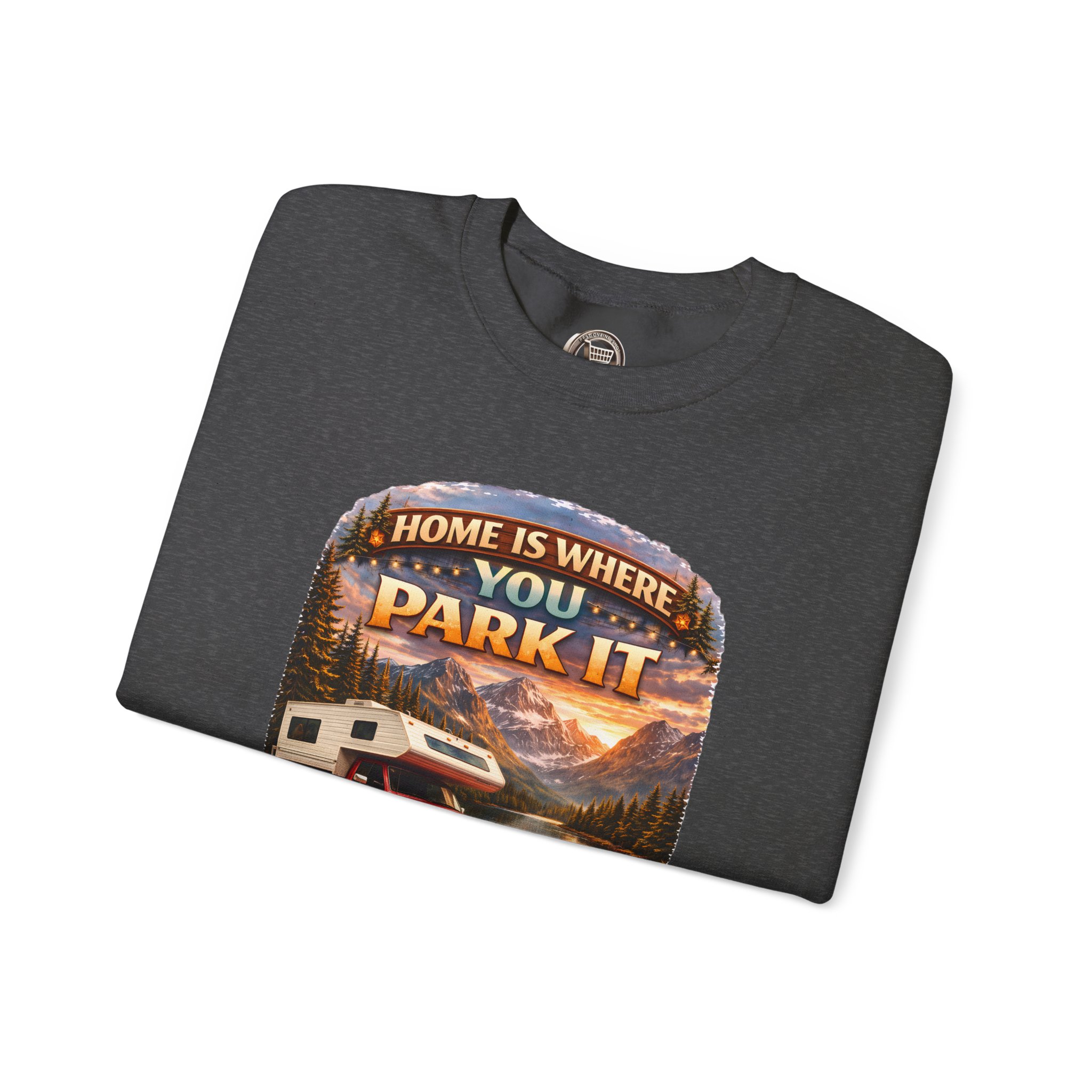 Unisex Heavy Blend™ Crewneck Sweatshirt — "Home Is Where You Park It" Design Scenic-Line