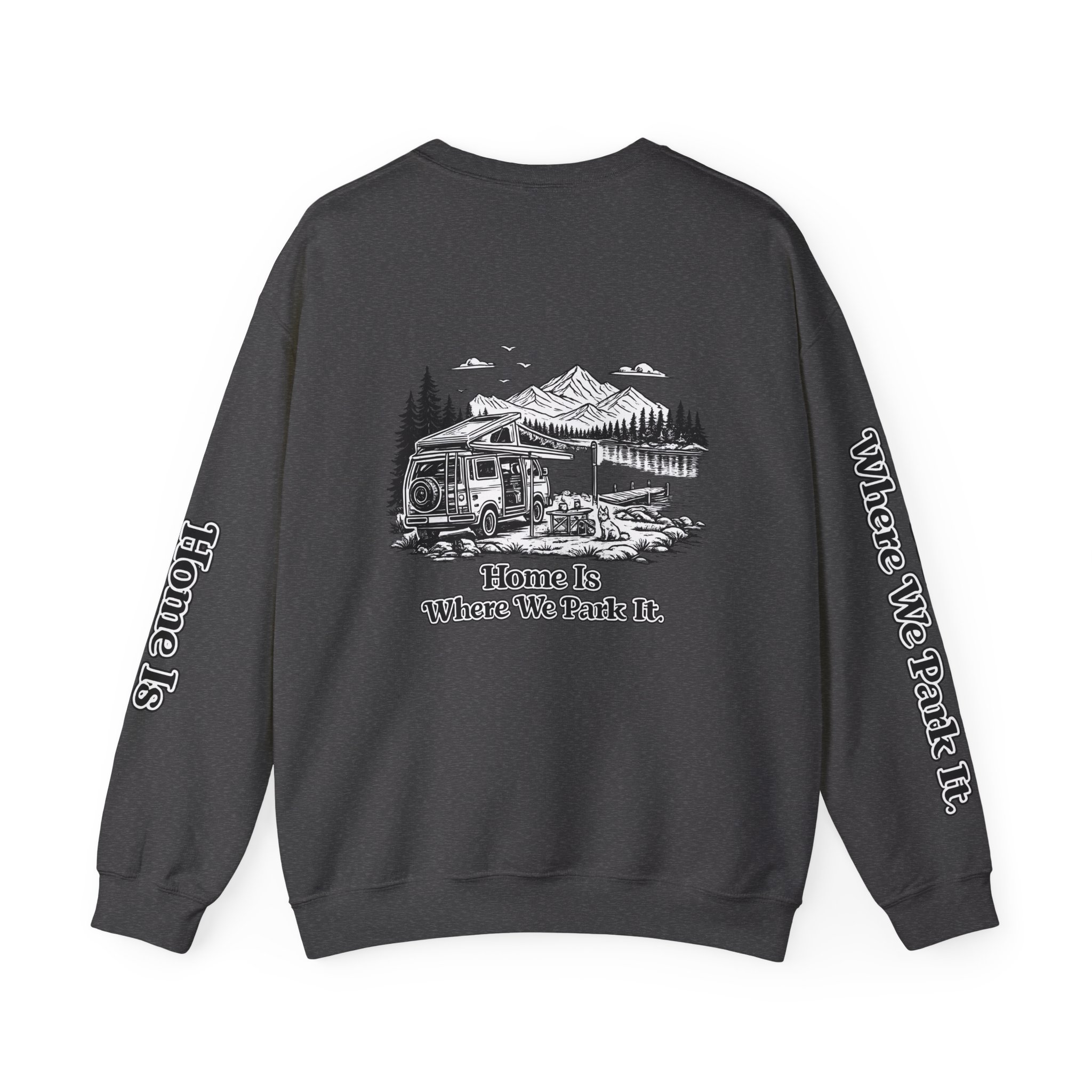 Unisex Heavy Blend™ Crewneck Sweatshirt — "Home Is Where You Park It" Design Minimal-Line