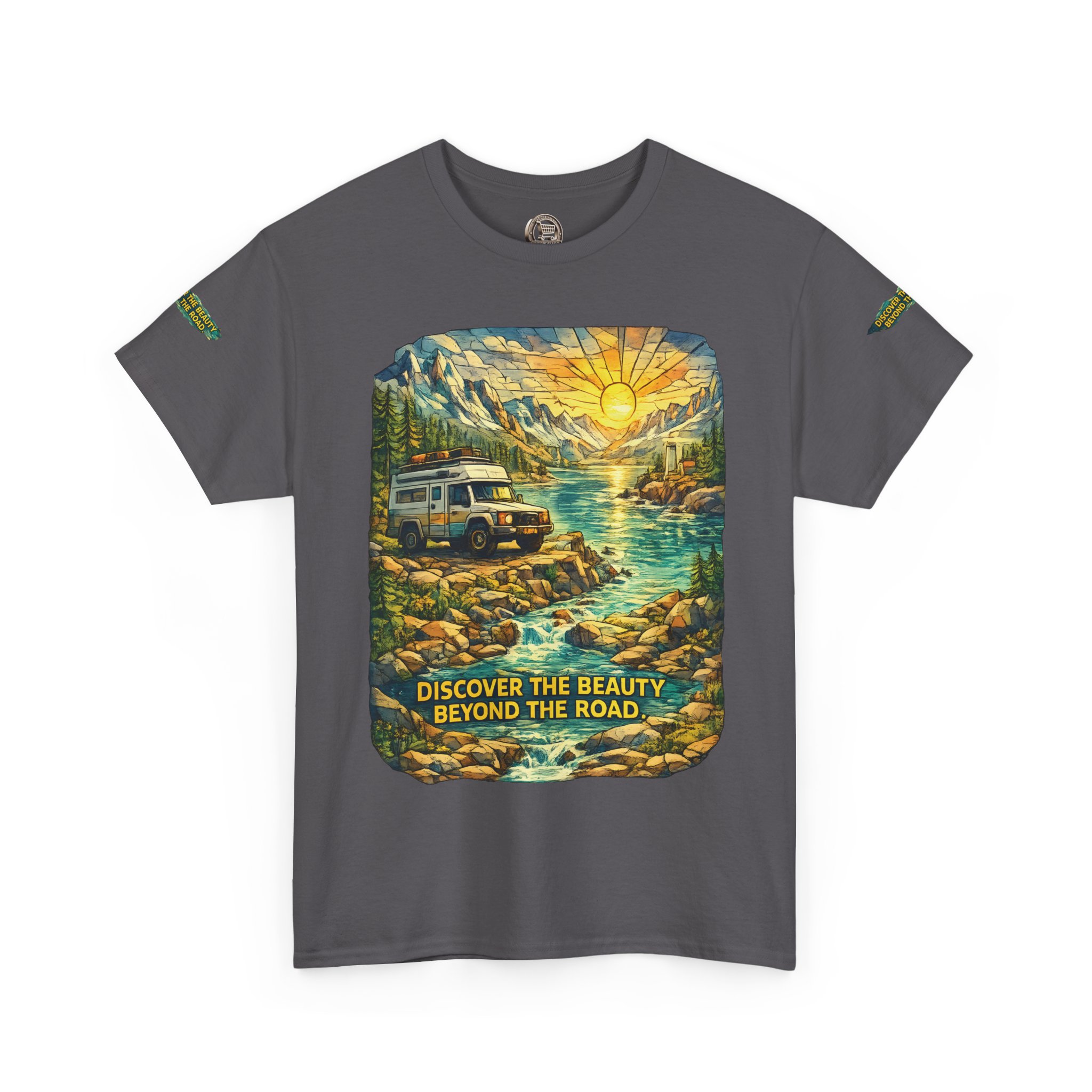 Unisex Heavy Cotton Tee — "Discover The Bieuty Beyond The Road" Design Cubic-Line