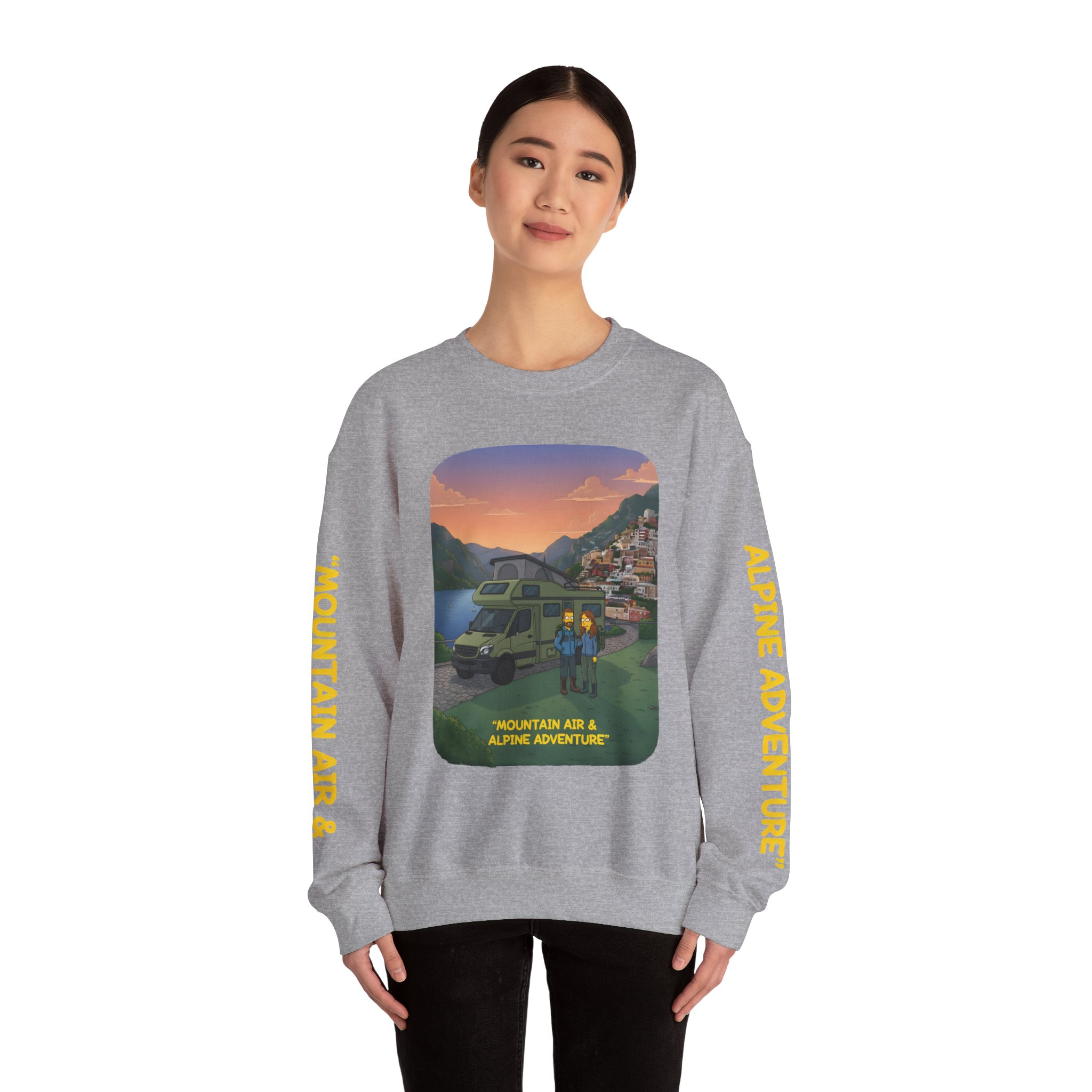 Unisex Heavy Blend™ Crewneck Sweatshirt — "Mountain Air And Alpine Adventure"" Design Sitcom-Line