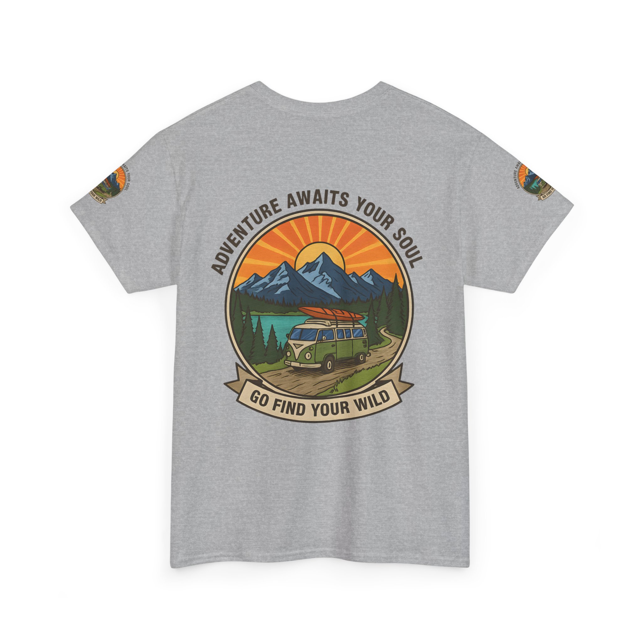 Unisex Heavy Cotton Tee — “Adventure Awaits Your Soul: Go Find Your Wild” Van & Mountain Graphic