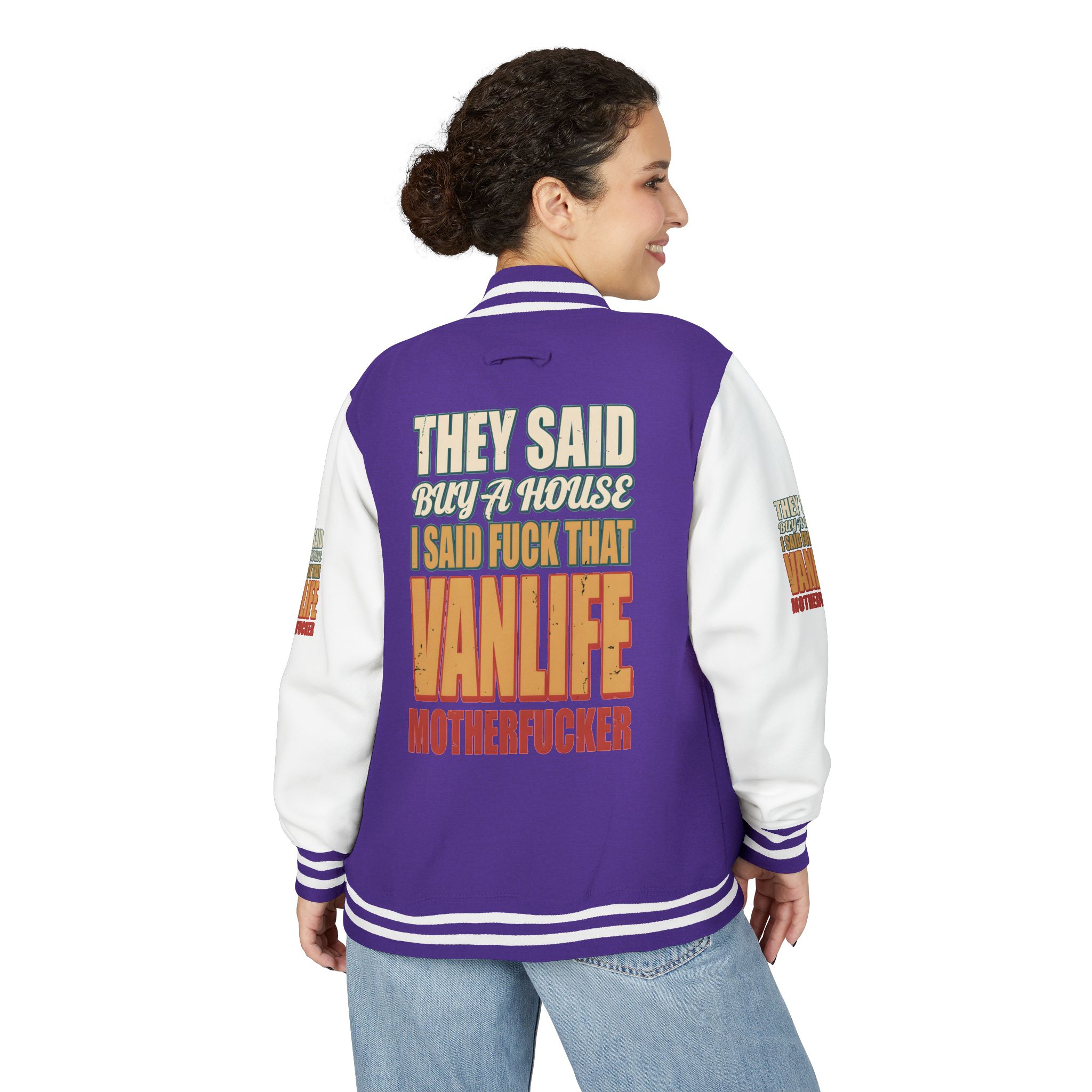 Unisex Heavyweight Letterman Jacket — "They Said Buy A House" Design F**K-Line
