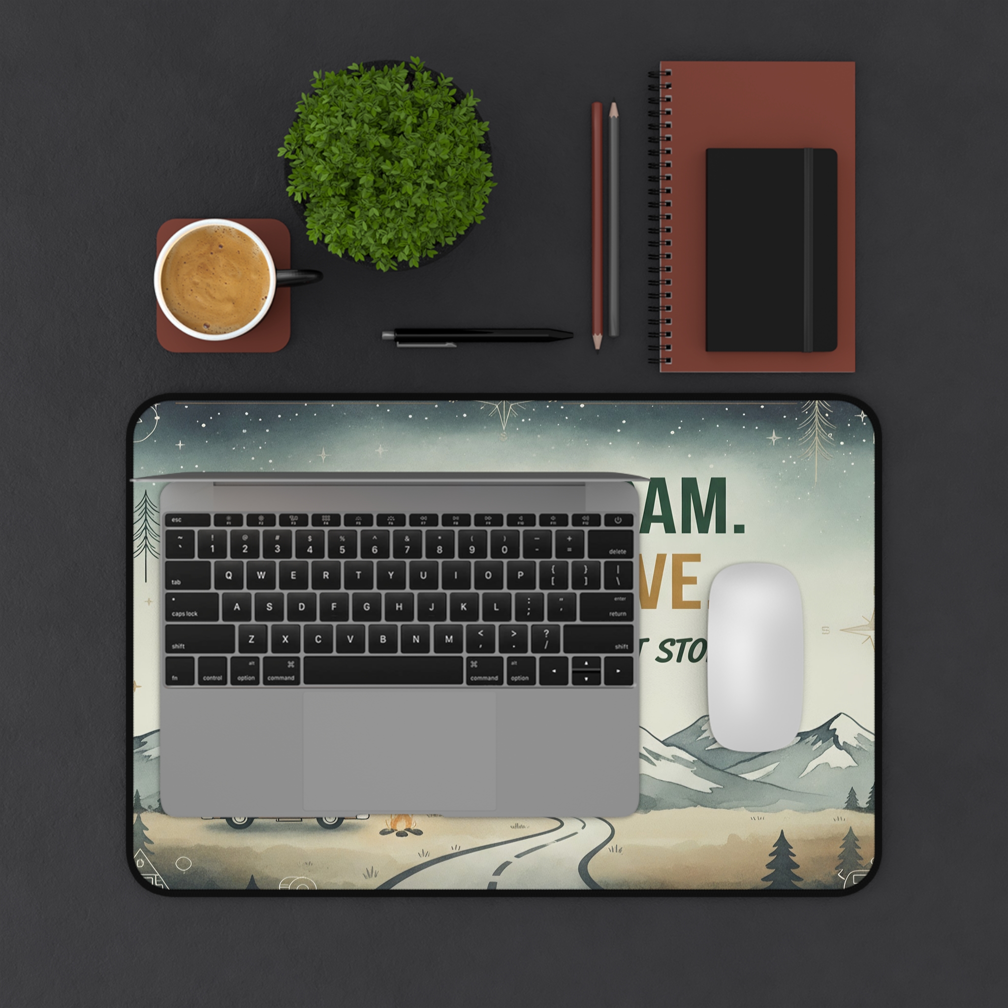 Desk Mat - "Work to Roam. Roam to Live.-Your Desk Is Just A Pitstop" Camping Van Adventure Desk Mat