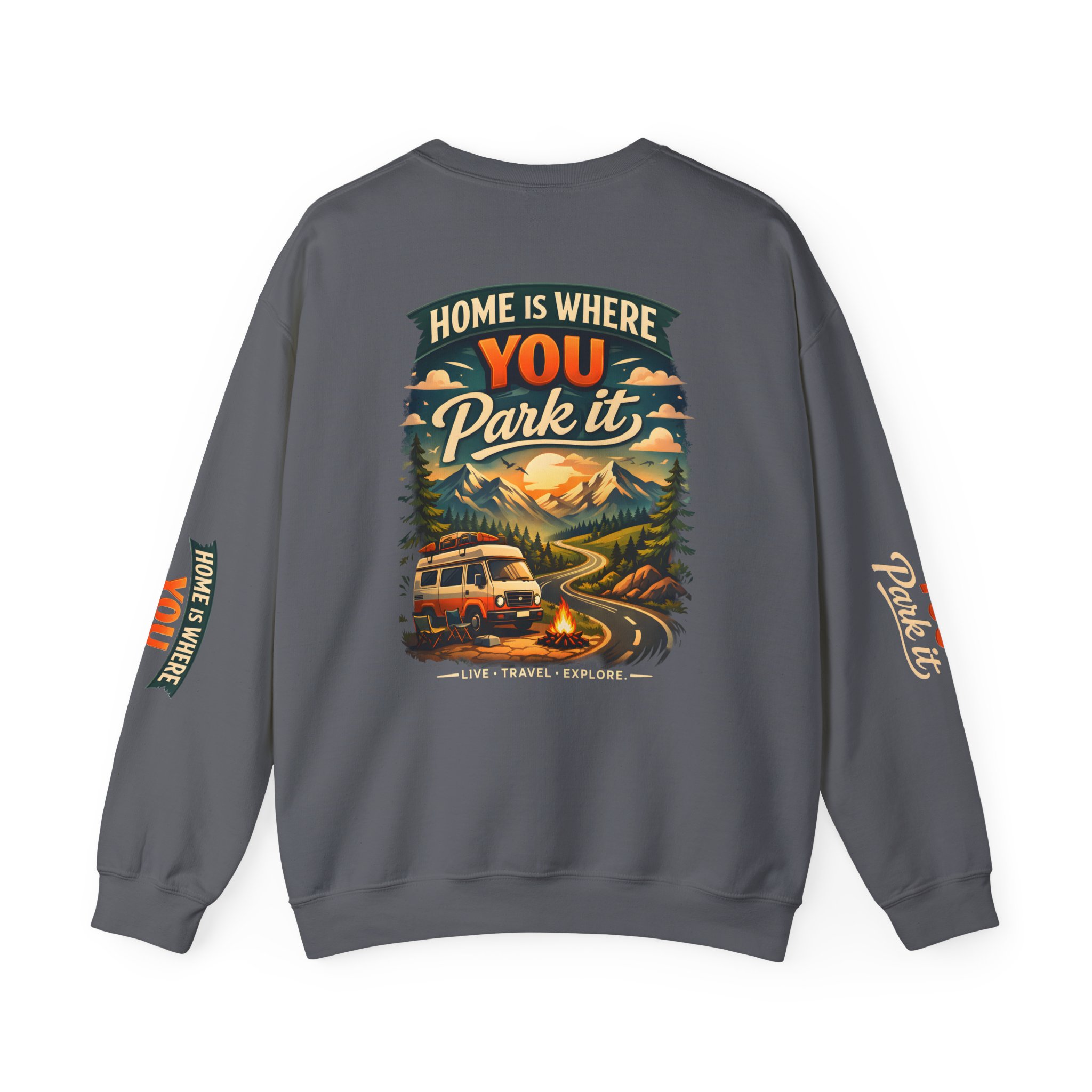 Unisex Heavy Blend™ Crewneck Sweatshirt — "Home Is Where You Park It" Design Scenic-Line