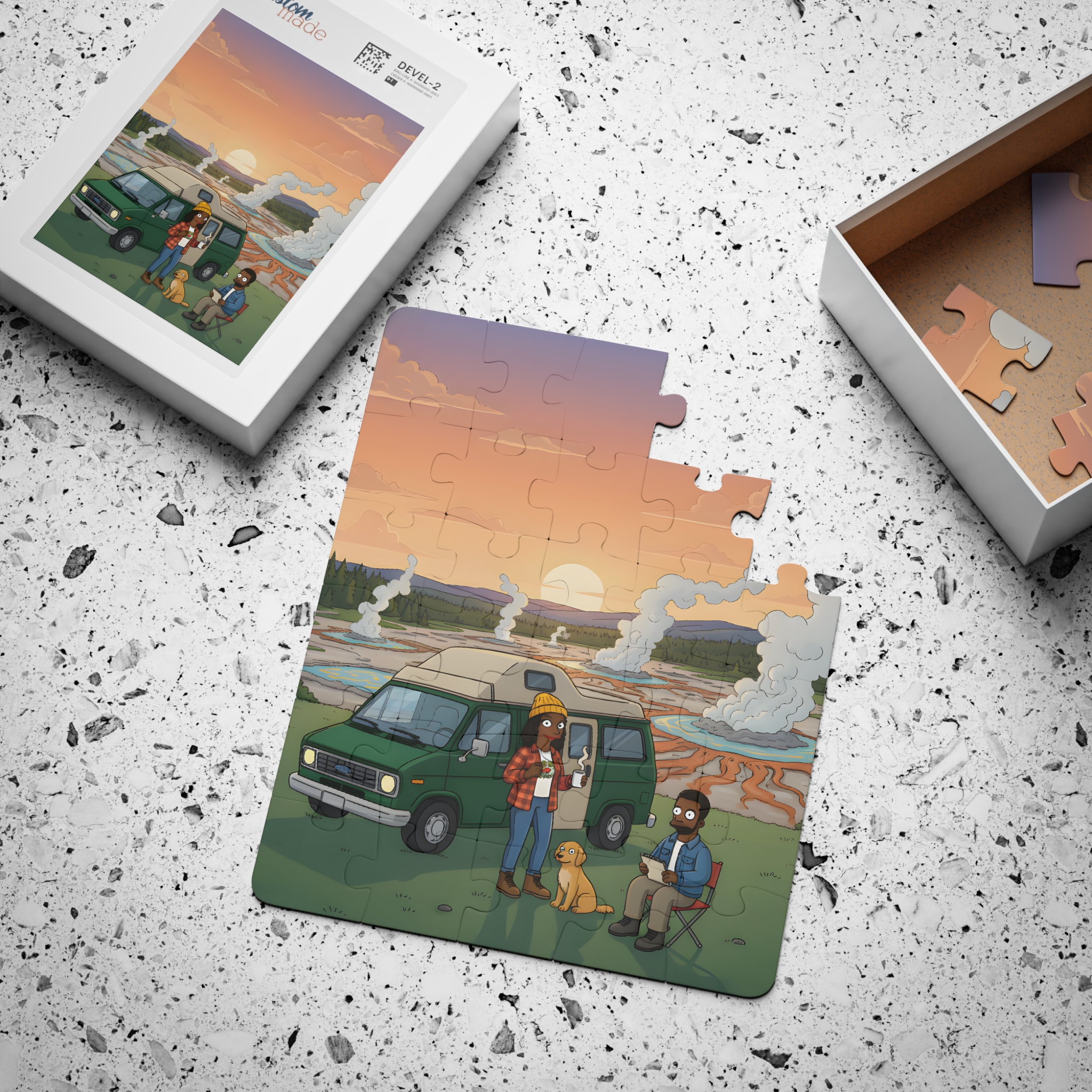Kids' 30‑Piece Camping Puzzle — Family Van Camping at Geysers Sunset