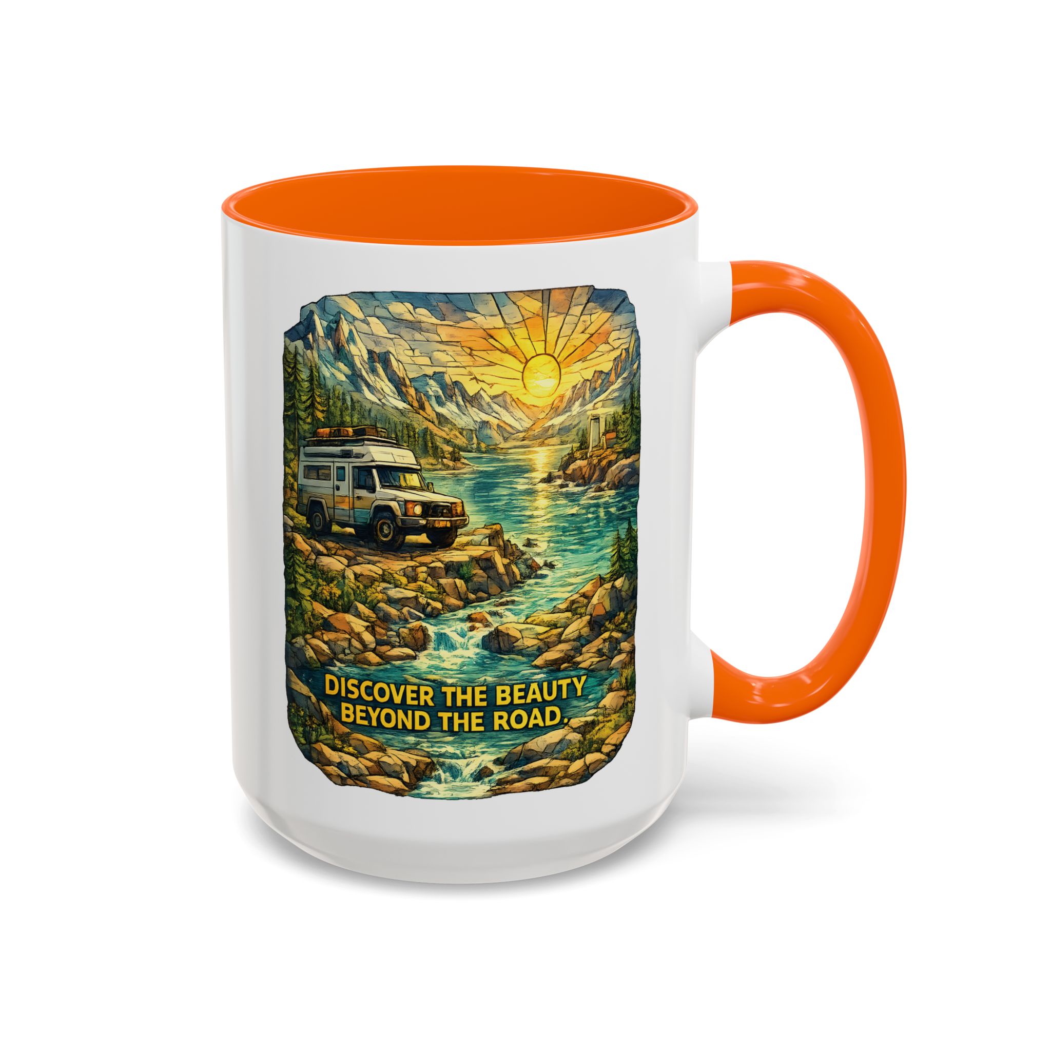 10609719654655264067_2048.jpeg Accent Coffee Mug (11, 15oz) — "Discover The Bieuty Beyond The Road" Design Cubic-Line