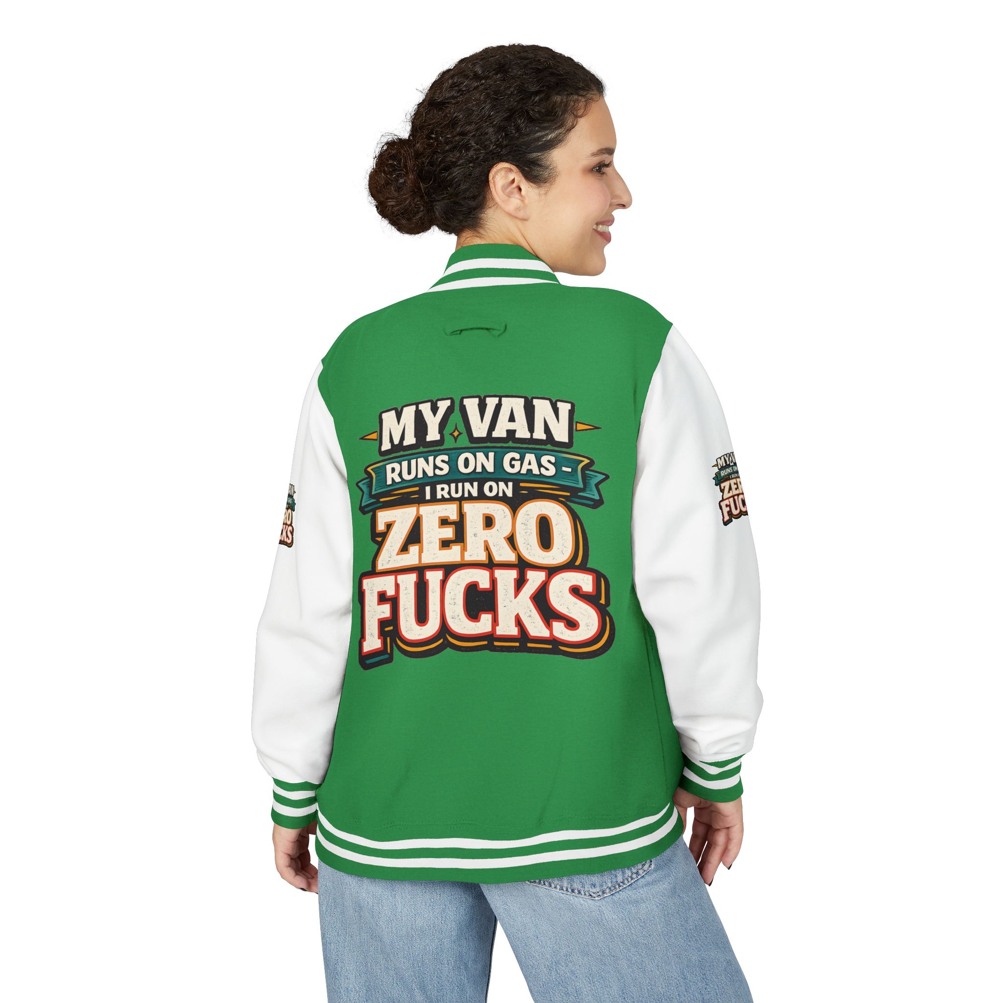 Unisex Heavyweight Letterman Jacket — "My Van Runs On Gas" Design F**K-Line