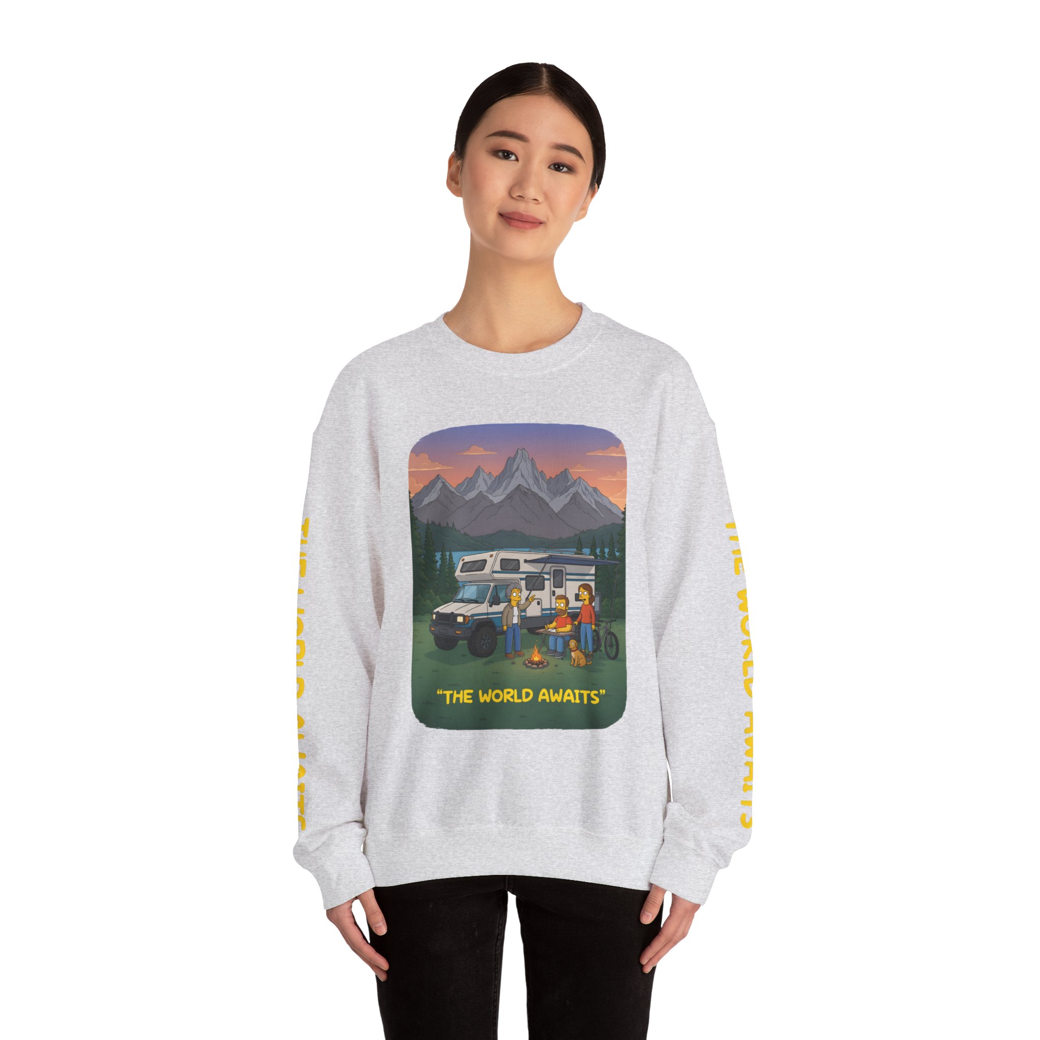 Unisex Heavy Blend™ Crewneck Sweatshirt — "The World Awaits" Design Sitcom-Line