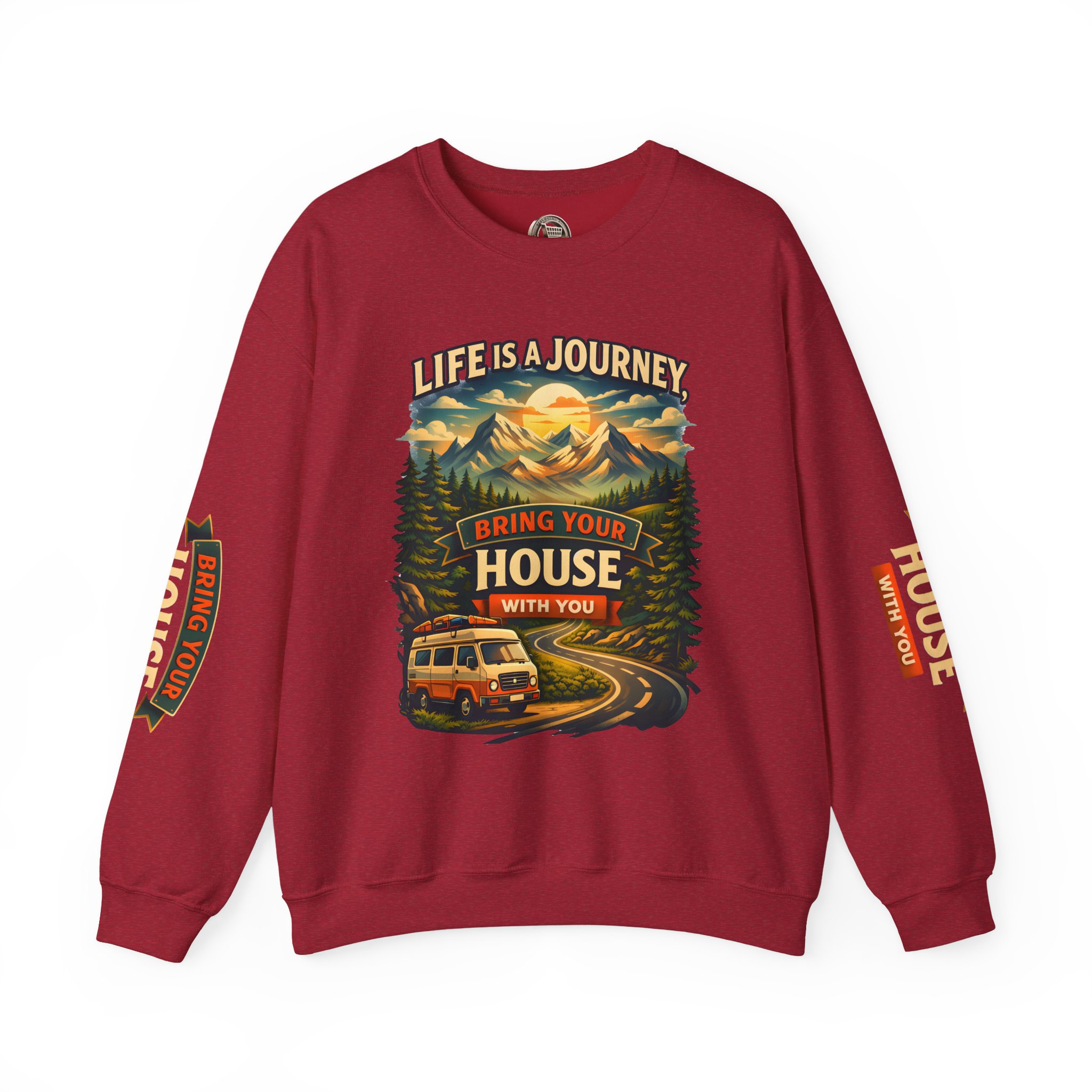 Unisex Heavy Blend™ Crewneck Sweatshirt — "Live Is A Journey-Bring Your House With You" Design Scenic-Line