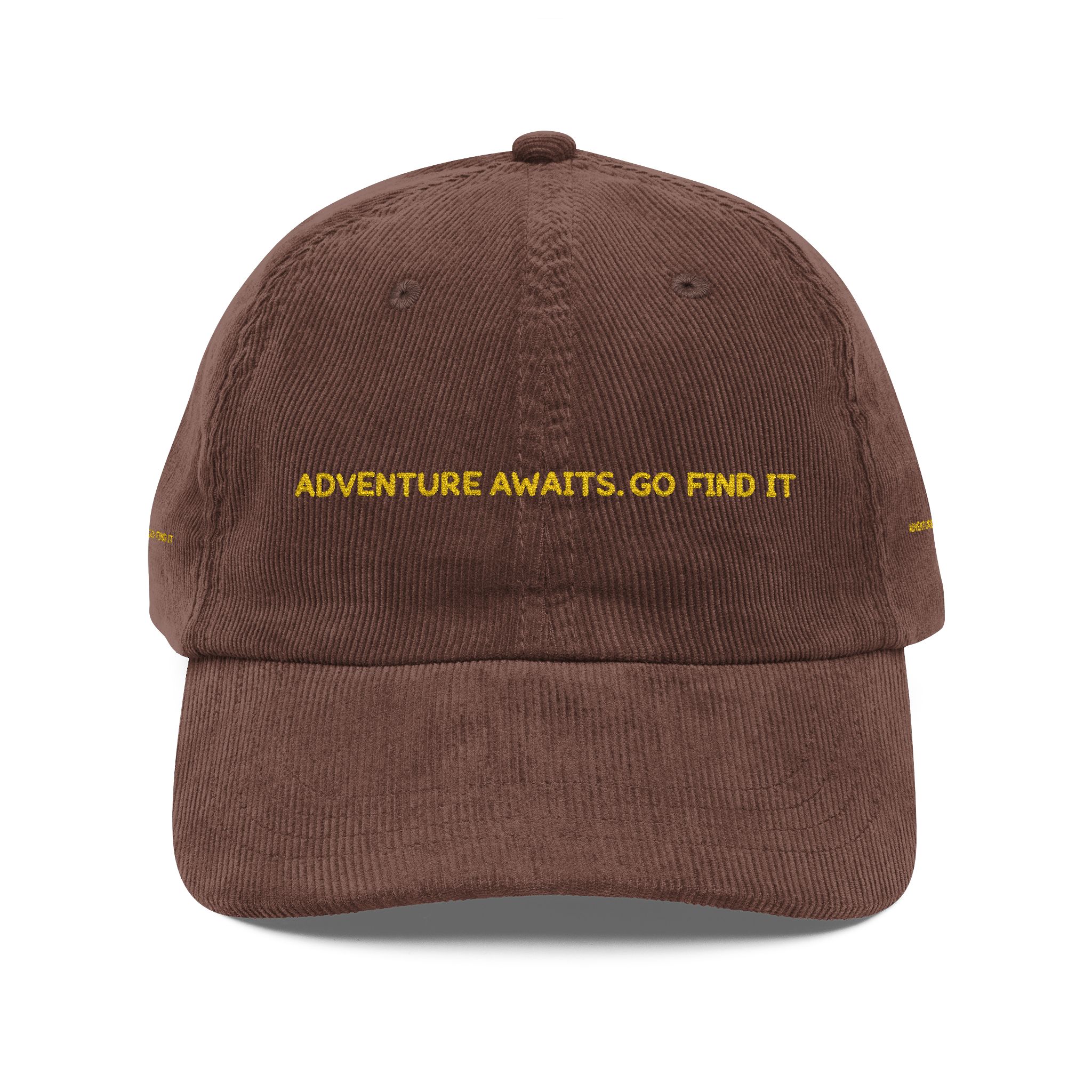 Vintage Corduroy Cap (Embroidery) — "Adventure Awaits, Go Find It" Embroidered Hat