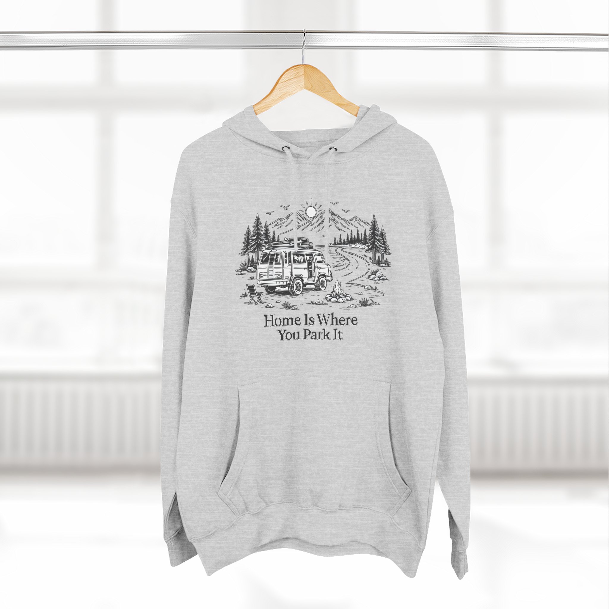 10650121968281393418_2048.jpeg Three-Panel Fleece Hoodie - "Home Is Where You Park It" Design Minimal-Line