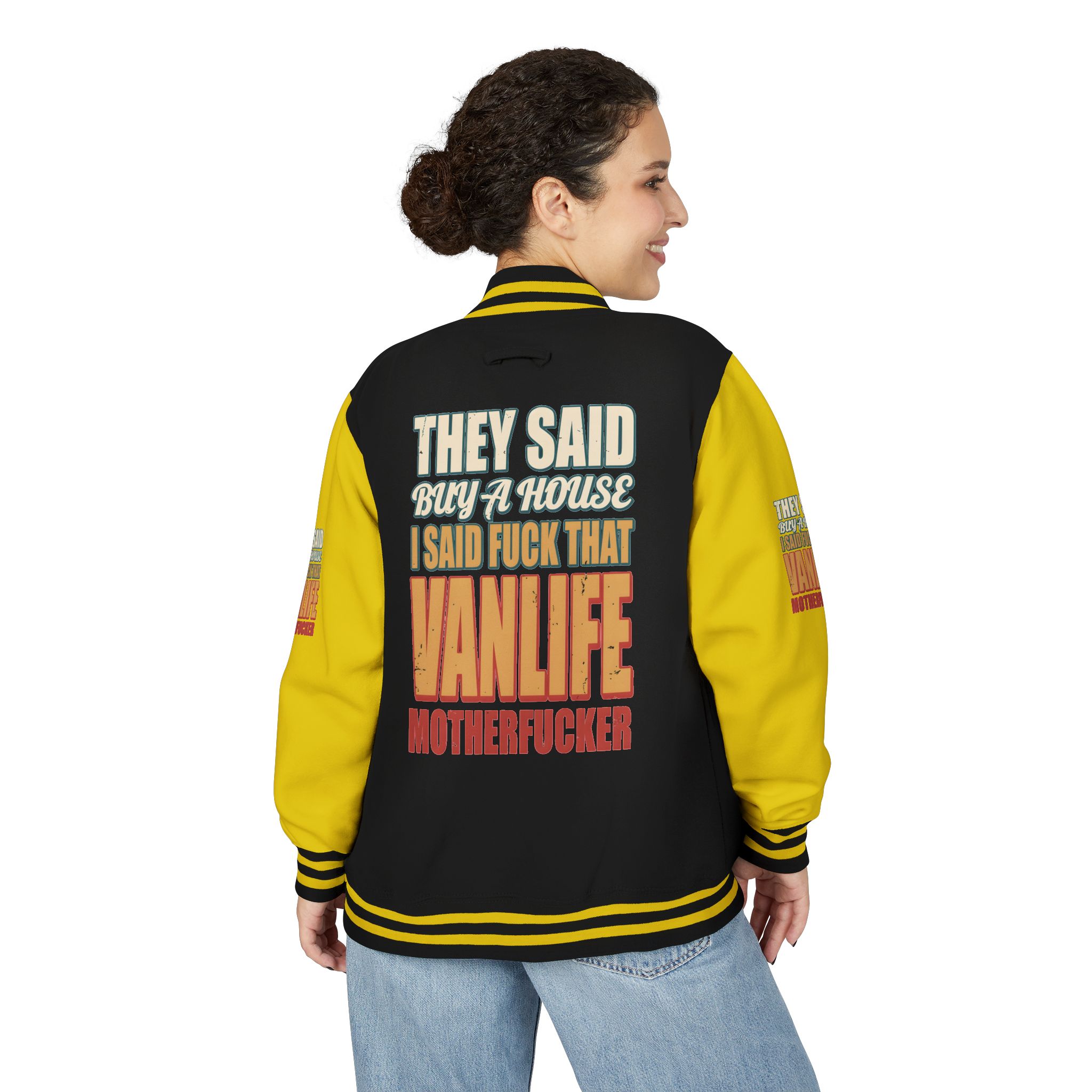 Unisex Heavyweight Letterman Jacket — "They Said Buy A House" Design F**K-Line