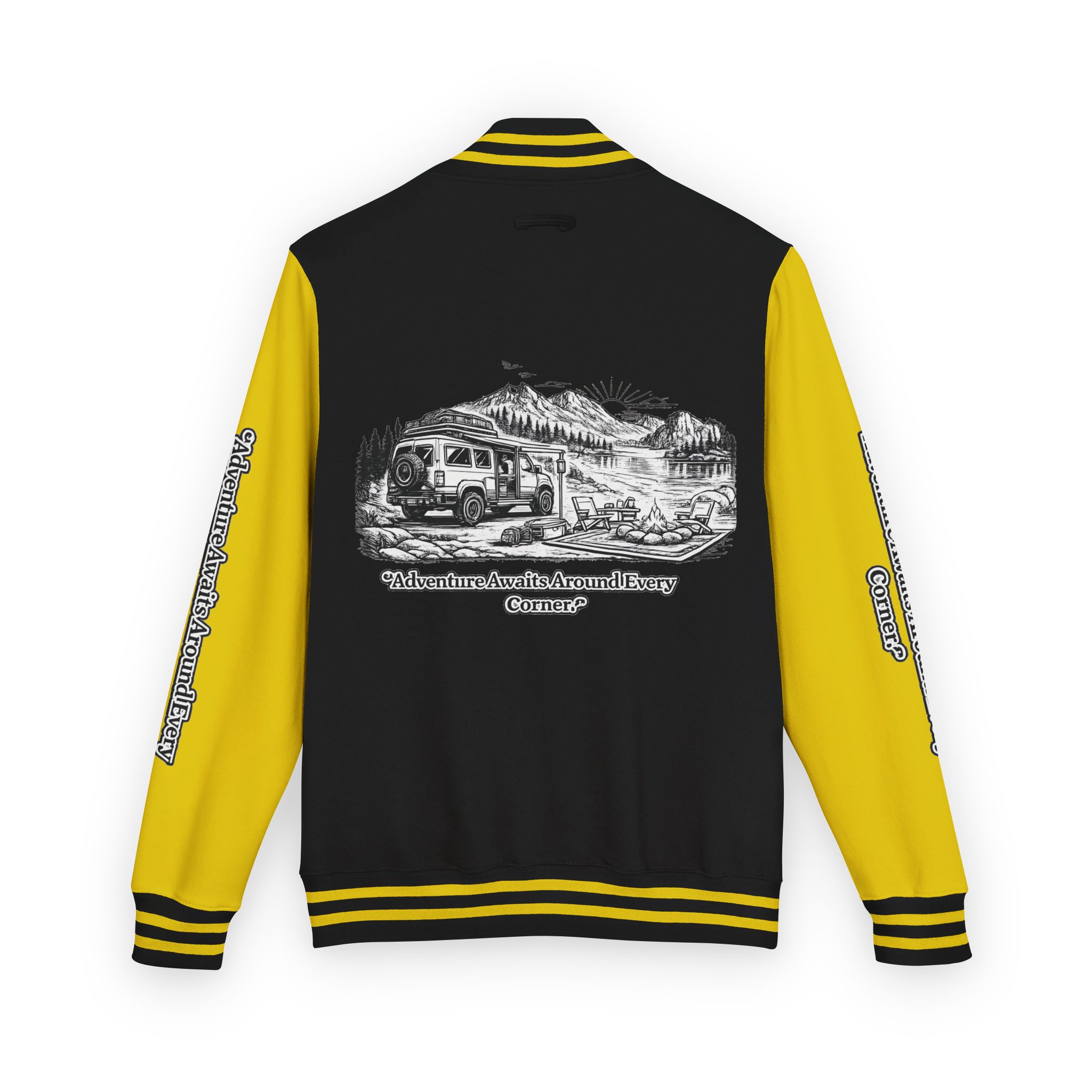 Unisex Heavyweight Letterman Jacket — "Adventure Awaits Around Every Corner" Travel Varsity Coat