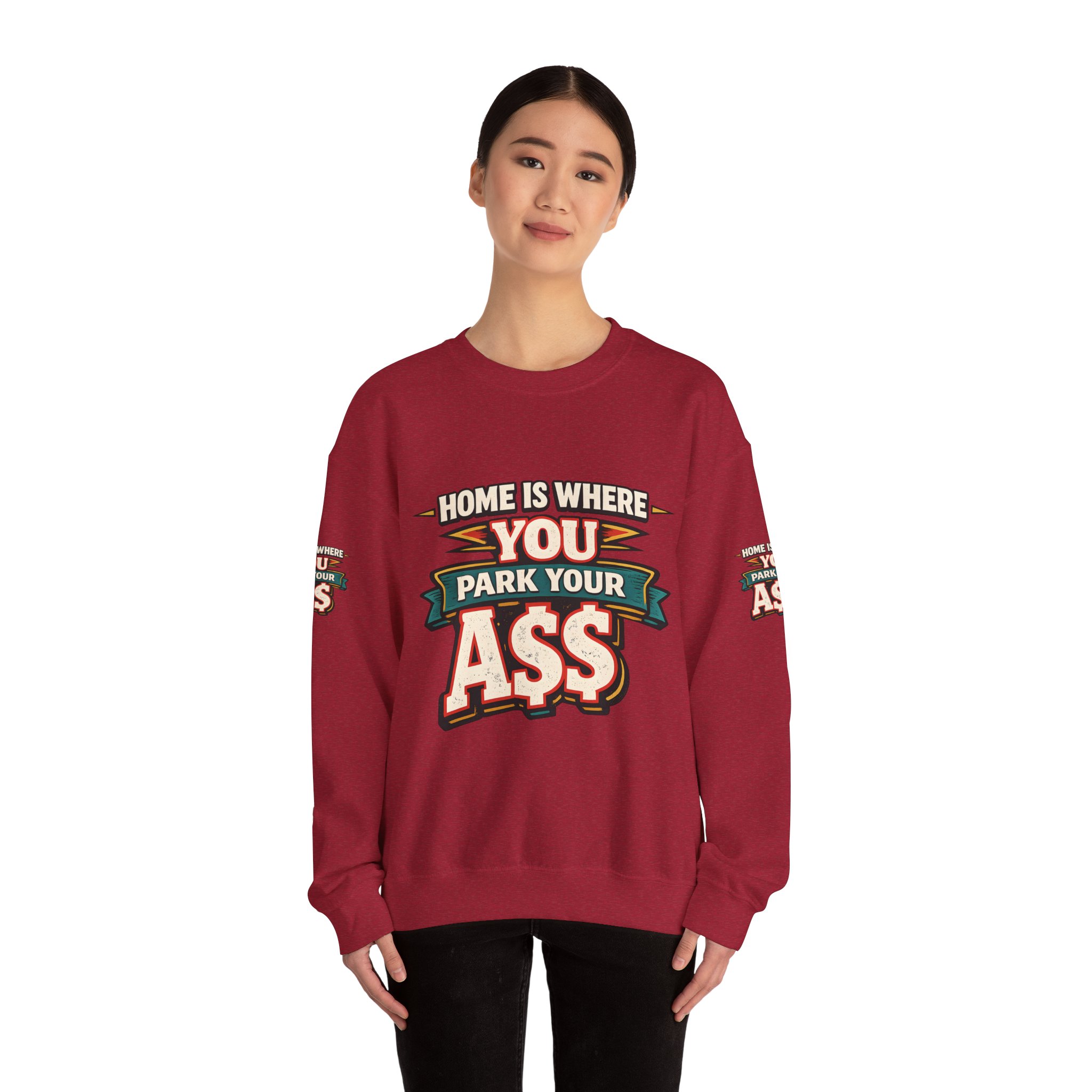 Unisex Heavy Blend™ Crewneck Sweatshirt — "Home Is Where You Park Your Ass" Design F**K-Line