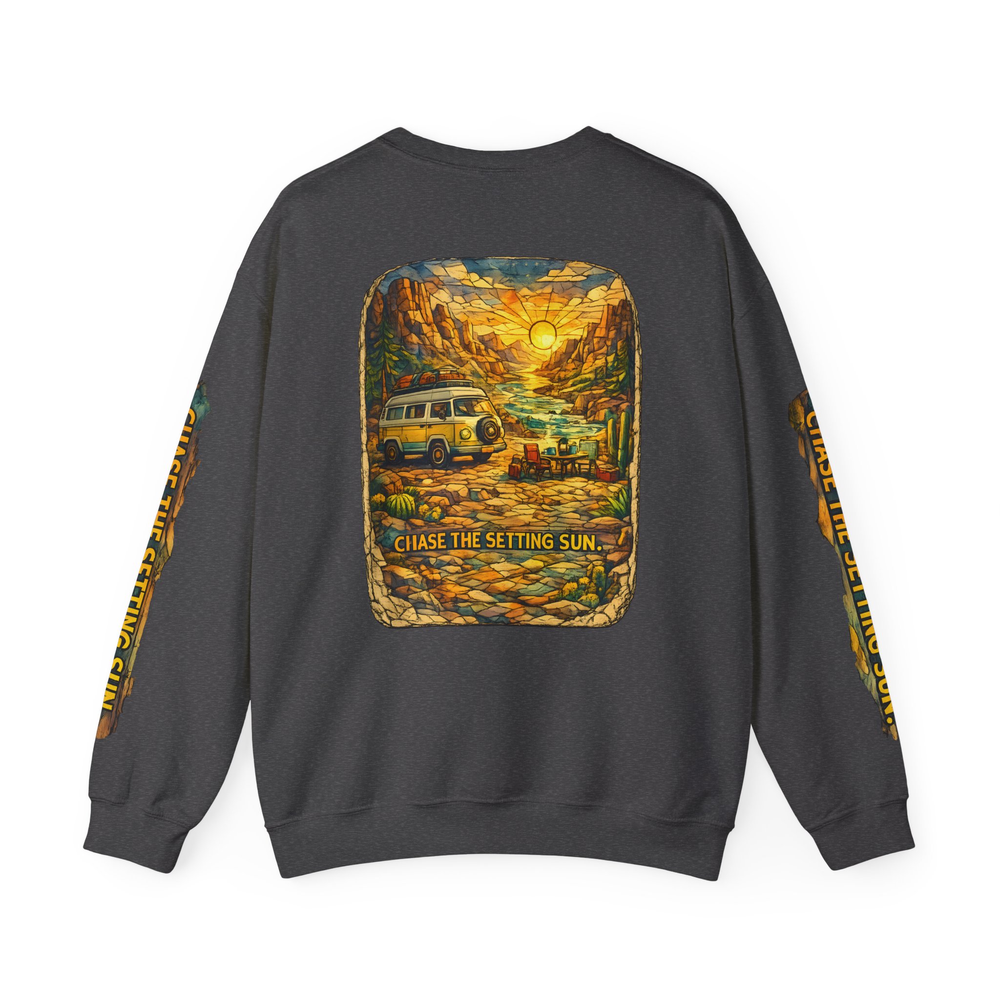Unisex Heavy Blend™ Crewneck Sweatshirt — "Chase The Settings Sun" Design Cubic-Line