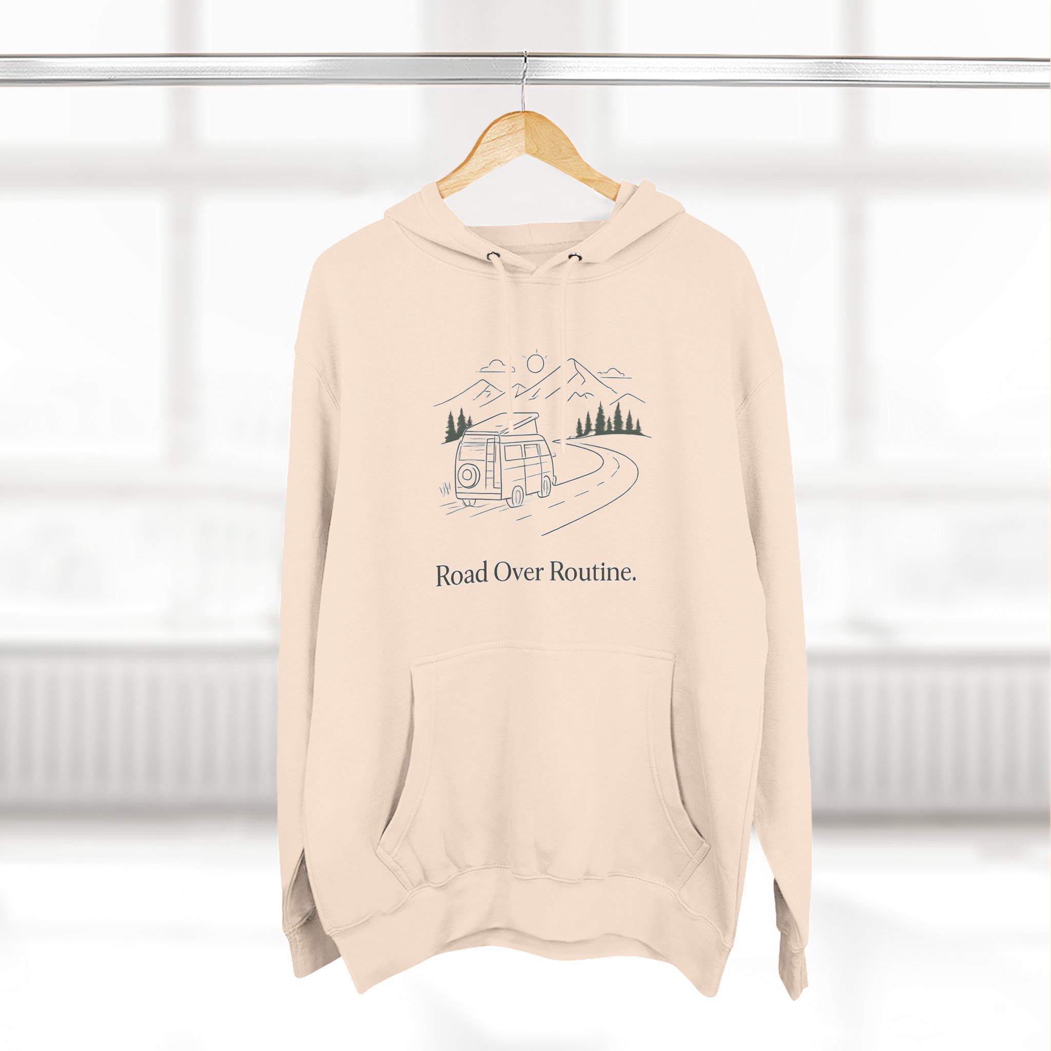 Three-Panel Fleece Hoodie - "Road Over Routine" Design Minimal-Line