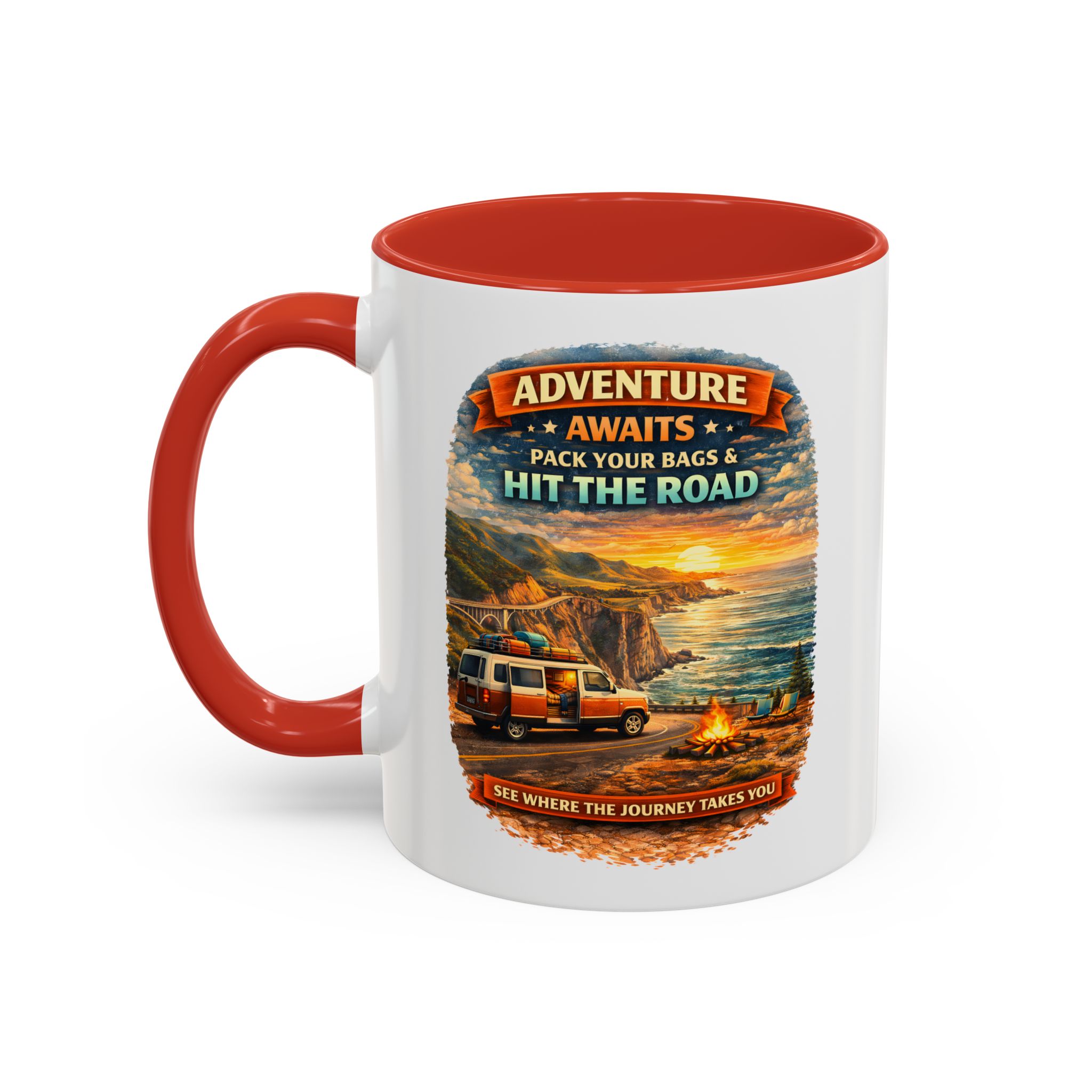 Accent Coffee Mug (11, 15oz) — "Adventure Awaits-Pack Your Bags" Design Scenic-Line
