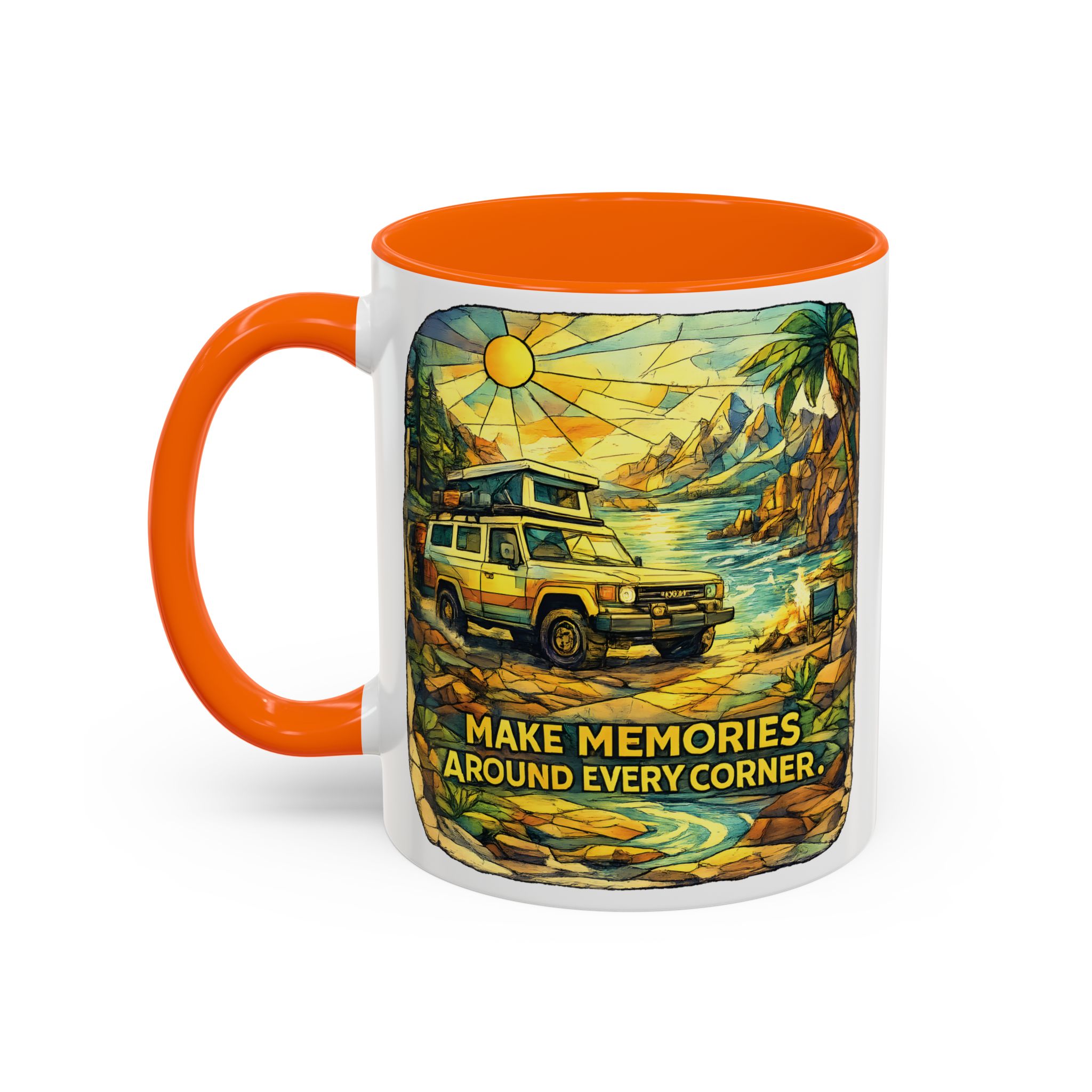 Accent Coffee Mug (11, 15oz) — "Make Memories Around Every Corner" Design Cubic-Line