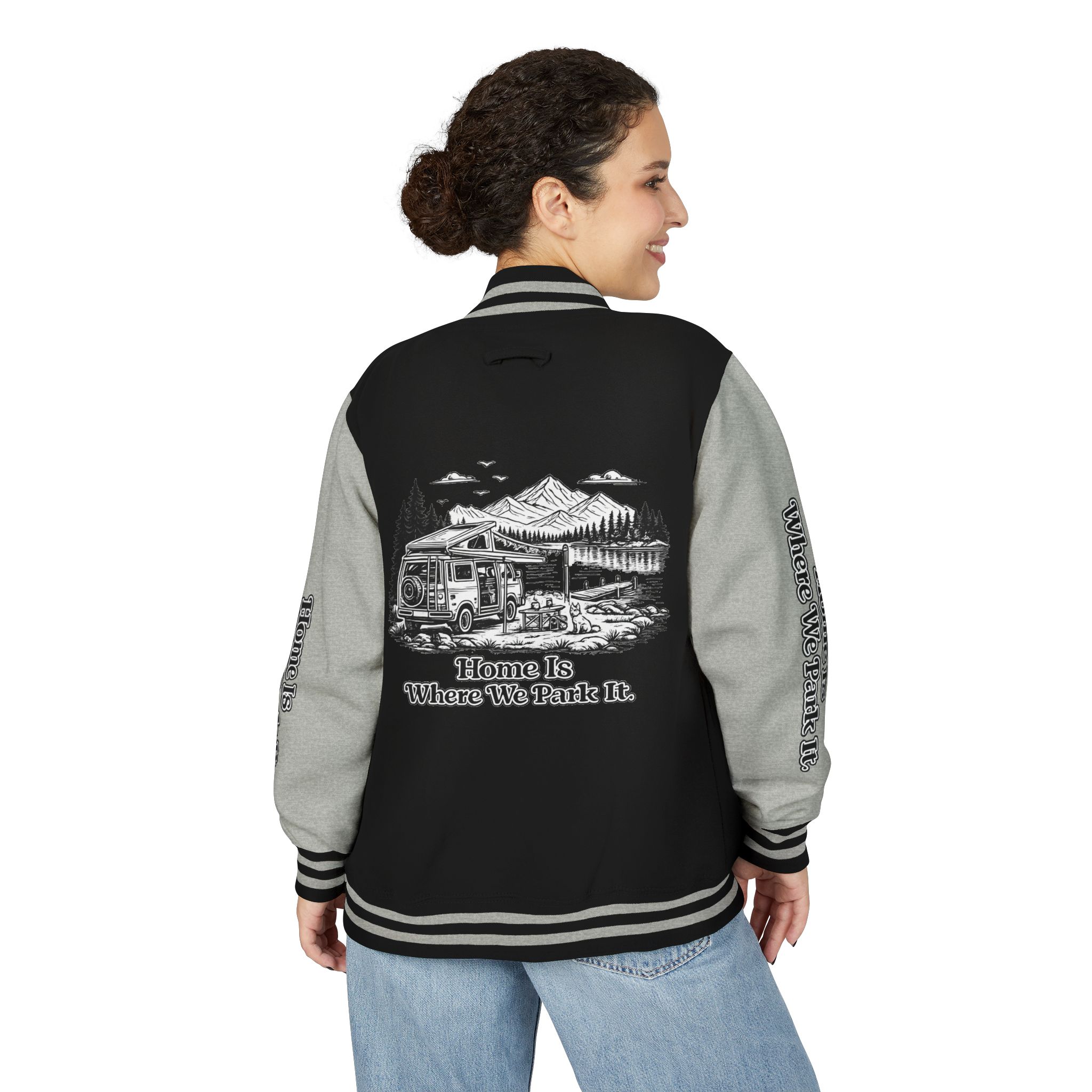 Unisex Heavyweight Letterman Jacket — "Home Is Where You Park It" Travel Varsity Coat