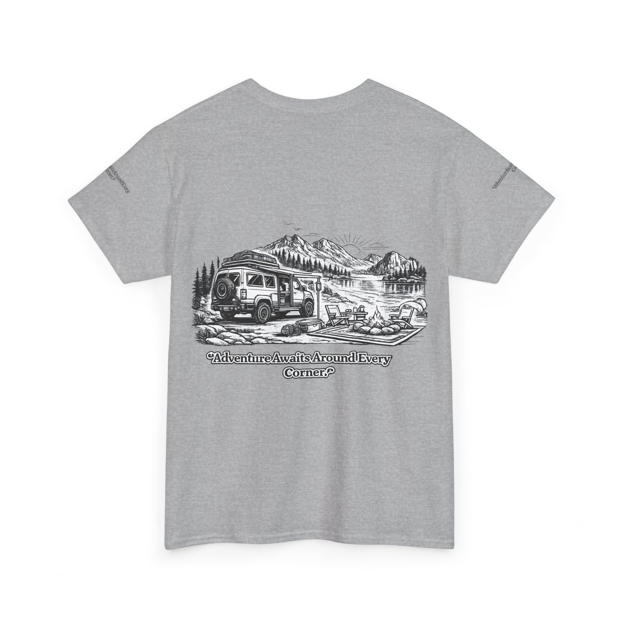 Unisex Heavy Cotton Tee — "Adventure Awaits Around Every Corner" Design Minimal-Line