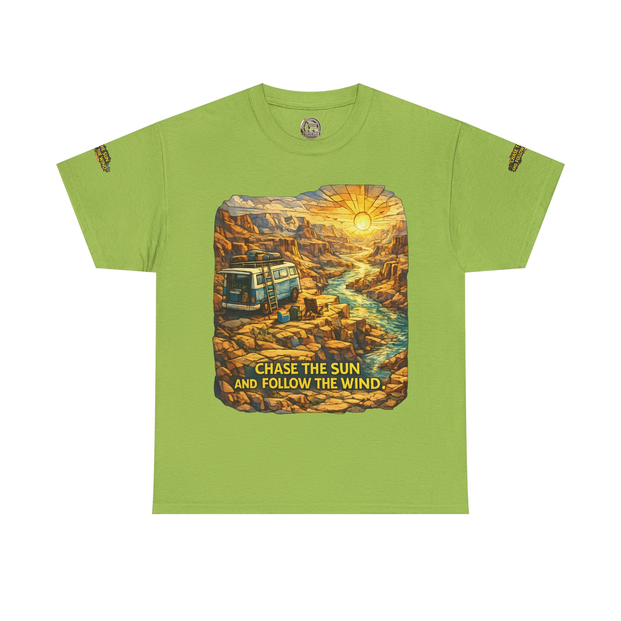 10728352301777562545_2048.jpeg Unisex Heavy Cotton Tee — "Chase The Sun And Follow The Wind" Design Cubic-Line