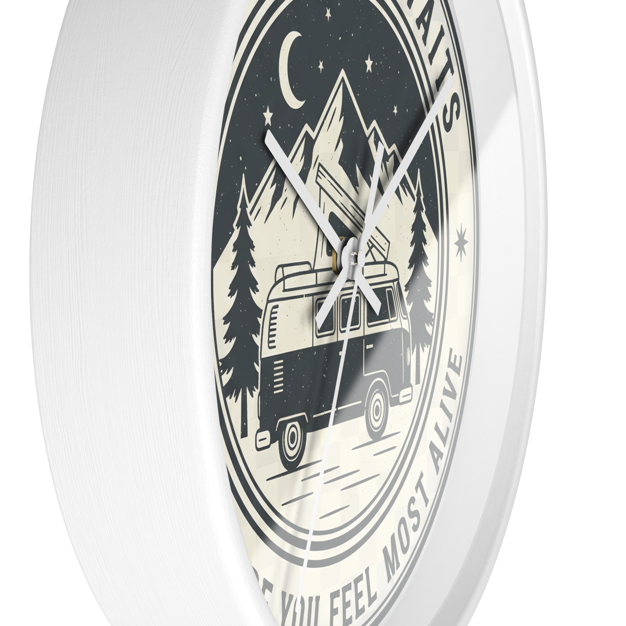 Wall Clock — "Adventure Awaits-Go Where You Feel Most Alive" Camper Van Mountain Travel Timepiece