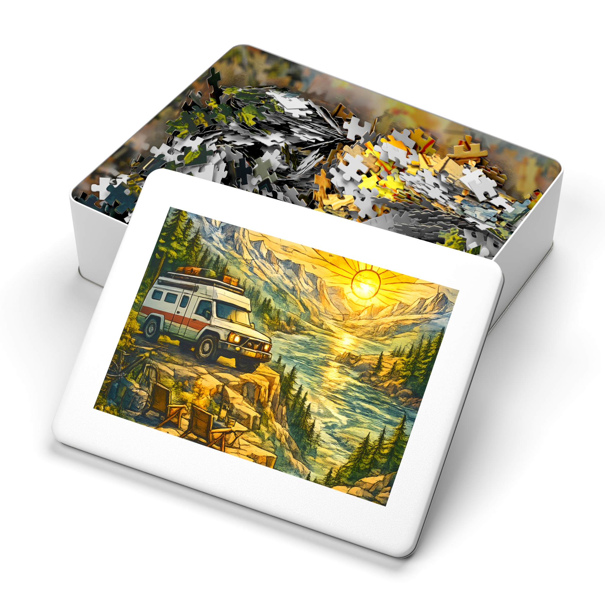 Jigsaw Puzzle with Tin — Camping Van Sunset (Design Cubic-Line)