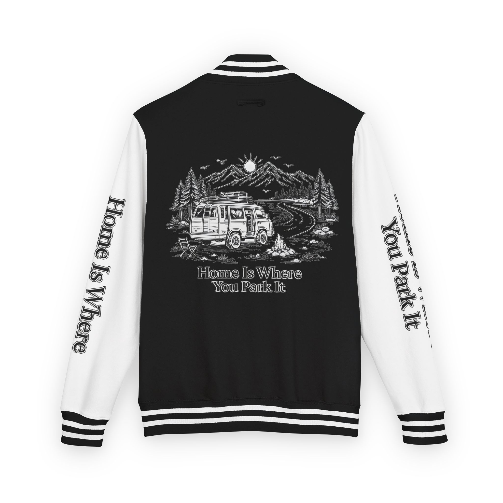 Unisex Heavyweight Letterman Jacket — "Home Is Where You Park It" Travel Varsity Coat