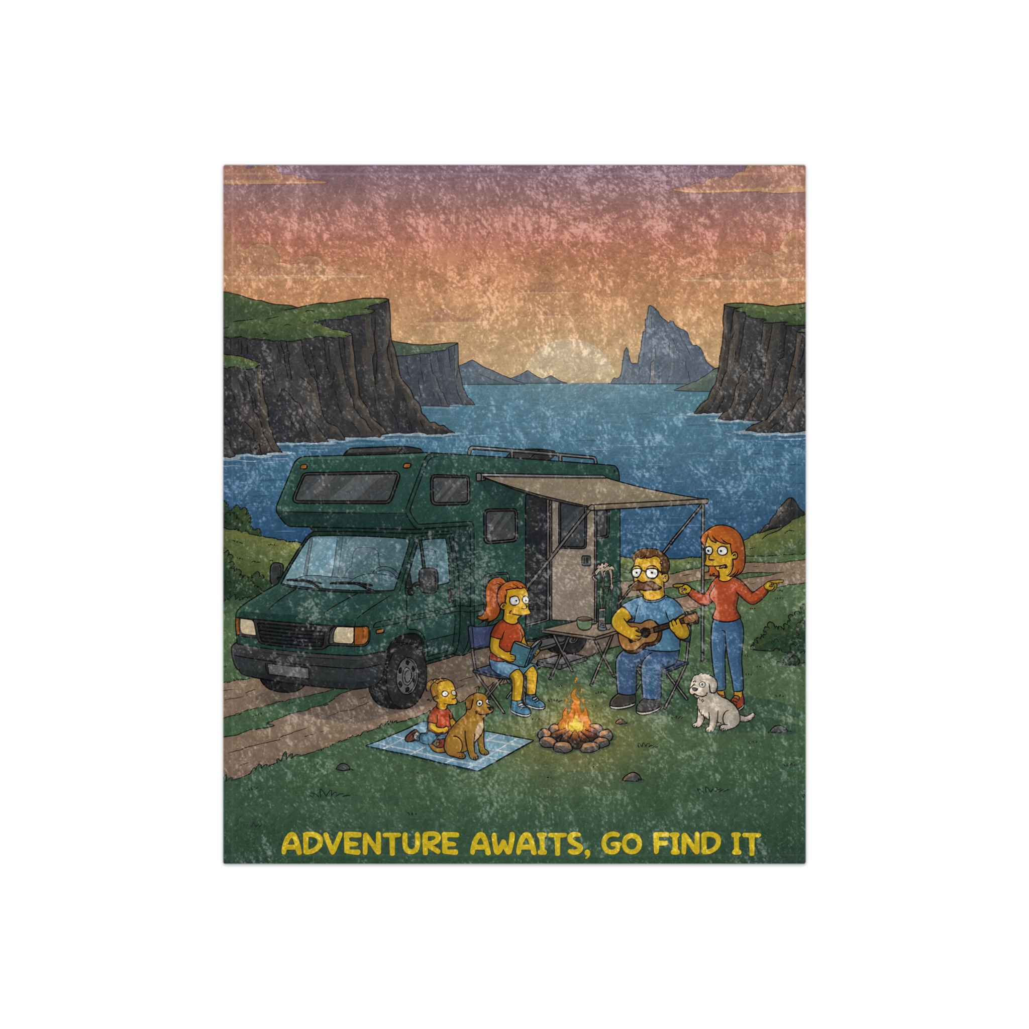 Crushed Velvet Blanket —"Adventure Awaits-Go Find It"" Design Sitcom-Line (Campervan)