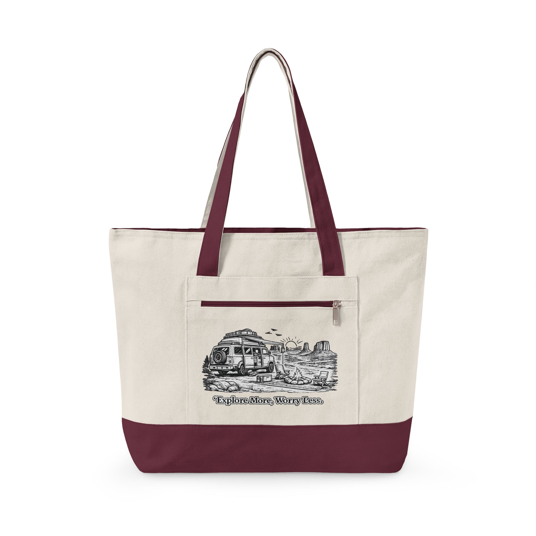 Zippered Canvas Tote — "Explore More, Worry Less" (Design Minimal-Line)