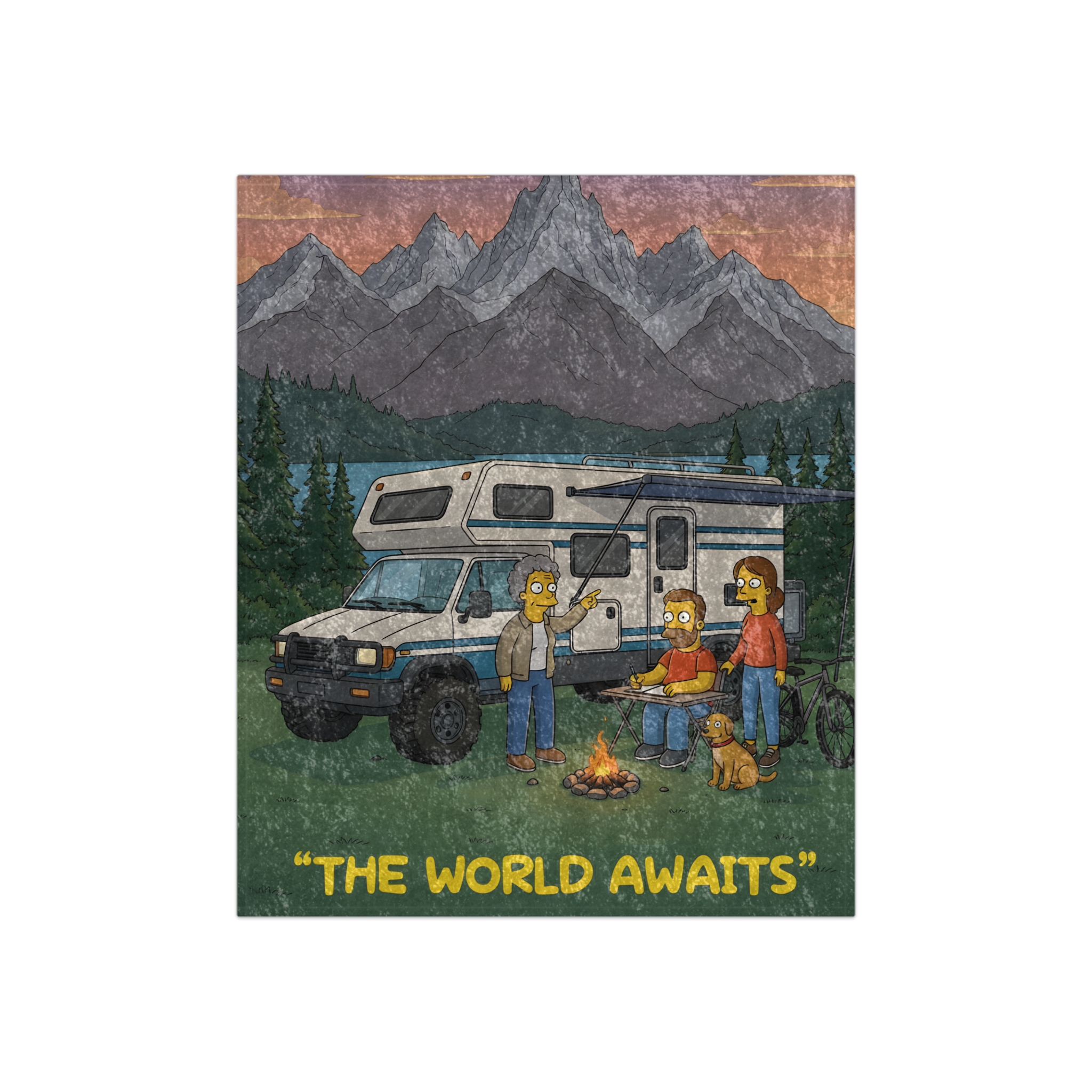 Crushed Velvet Blanket —"The World Awaits" Design Sitcom-Line (Campervan)