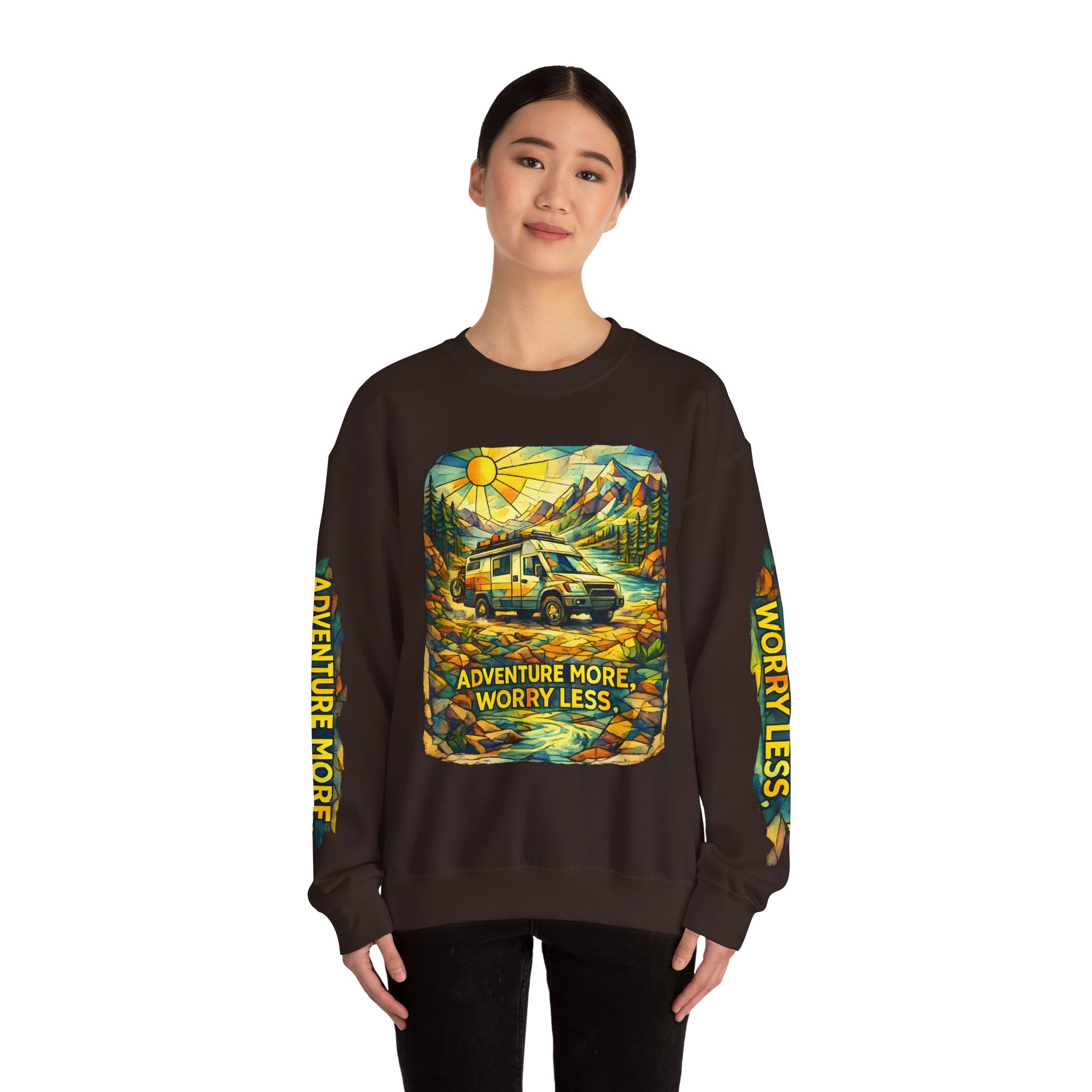 Unisex Heavy Blend™ Crewneck Sweatshirt — "Adventure More Worry Less" Design Cubic-Line